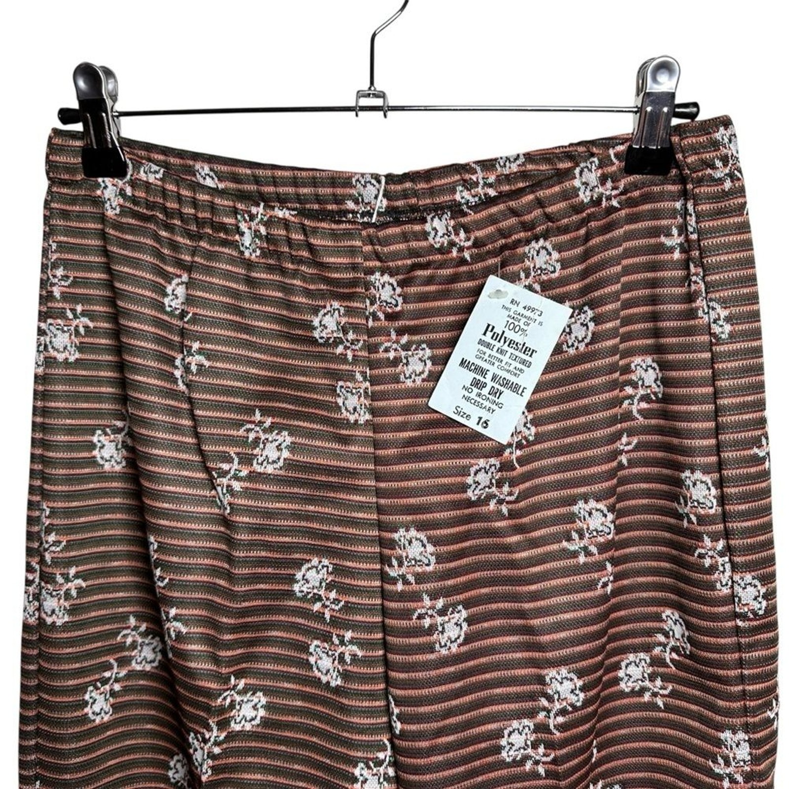 Vintage 70s Double Knit Polyester Flare Pants Floral Stripe Retro Disco Boho 16