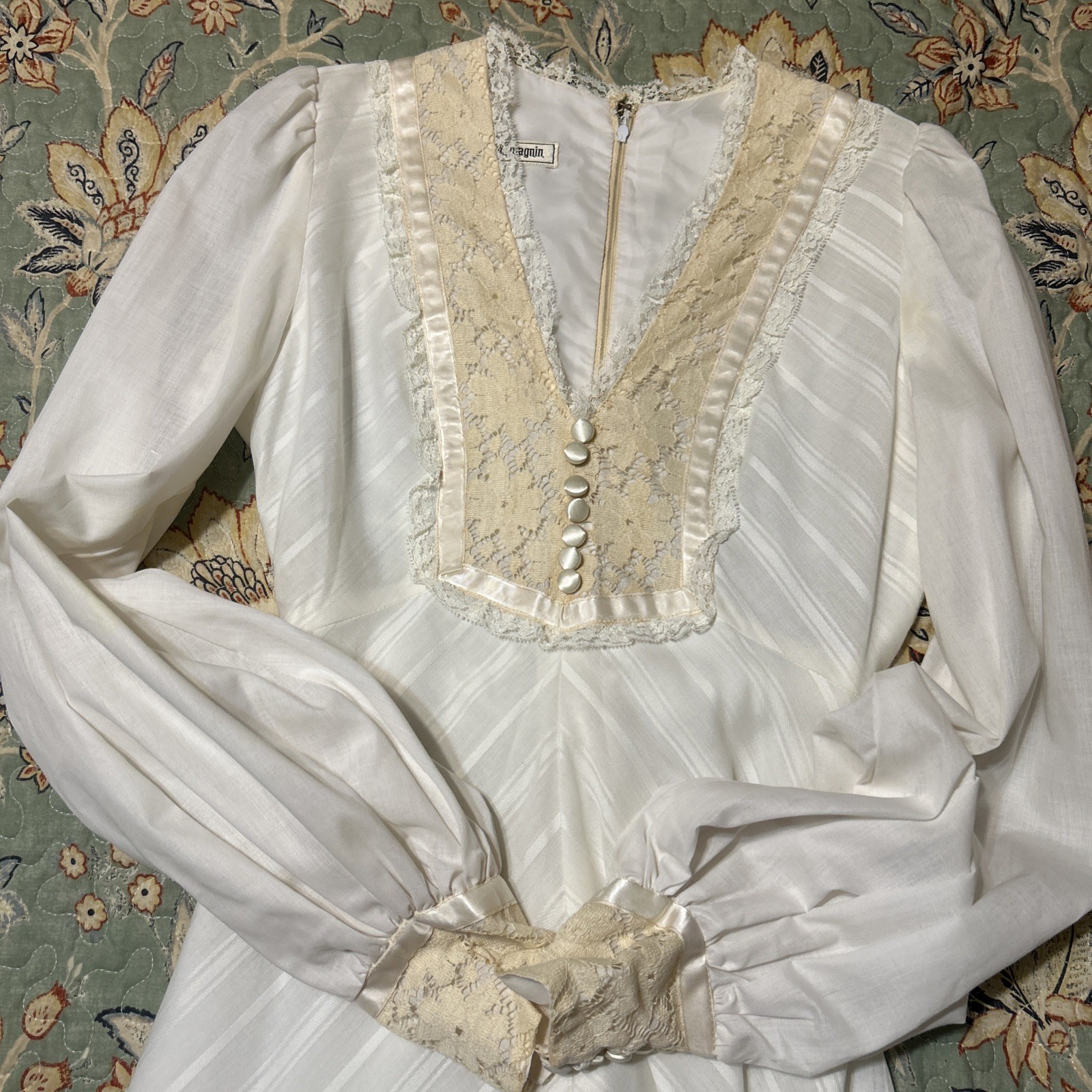 Vintage 1960’s /70’s Joseph Magnin Boho Hippie Prairie Dress Lace Trim Ivory