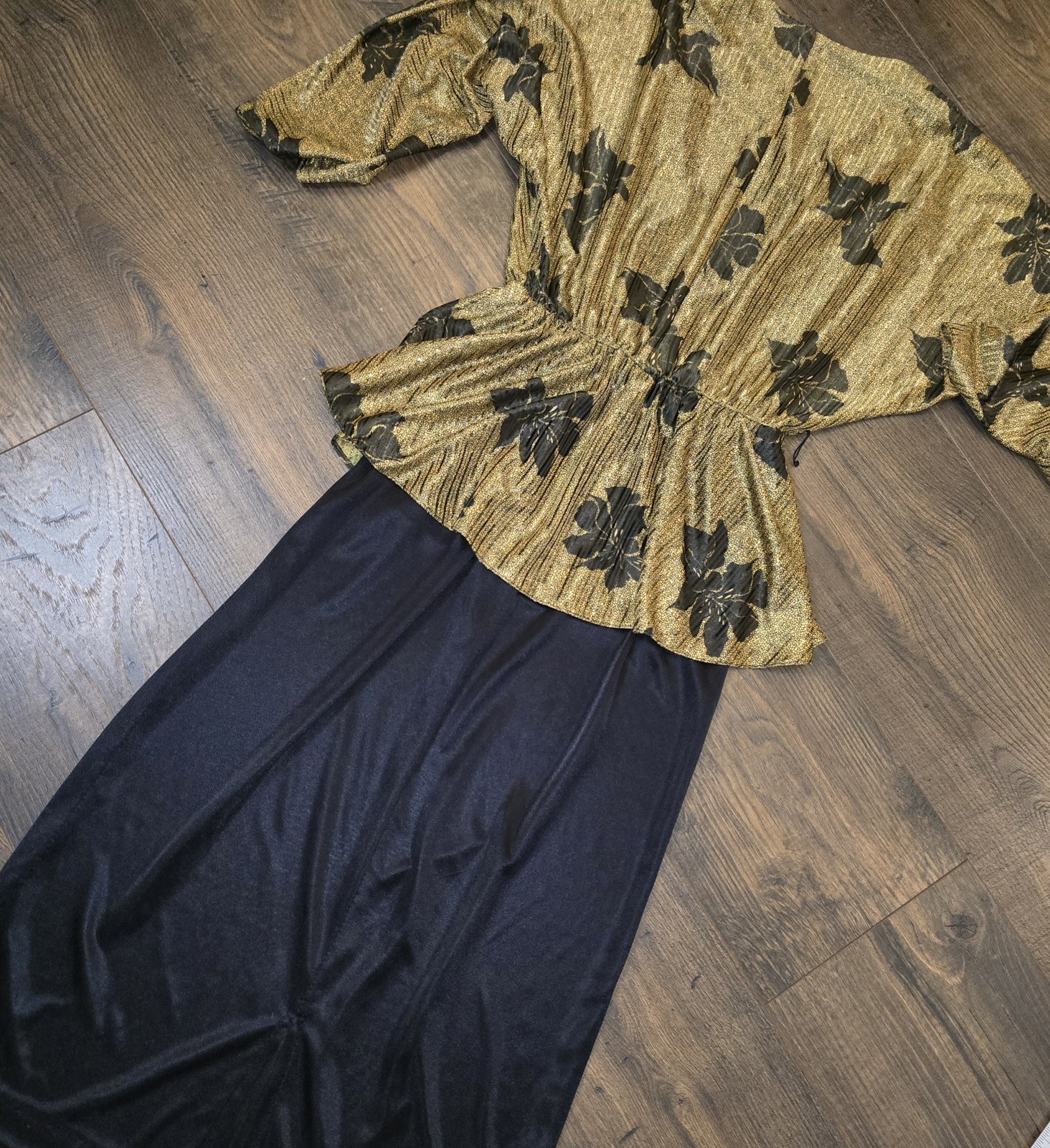 Vintage 80s Gold Metallic Peplum Wrap Back Dress David Bradley Small Glam Rock