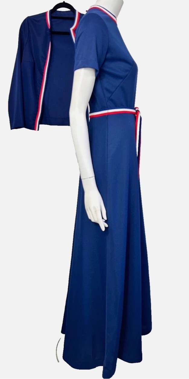 70s Maxi Dress w/Jacket Size Small Blue Red White Trim Belt Crew Short Sleeve