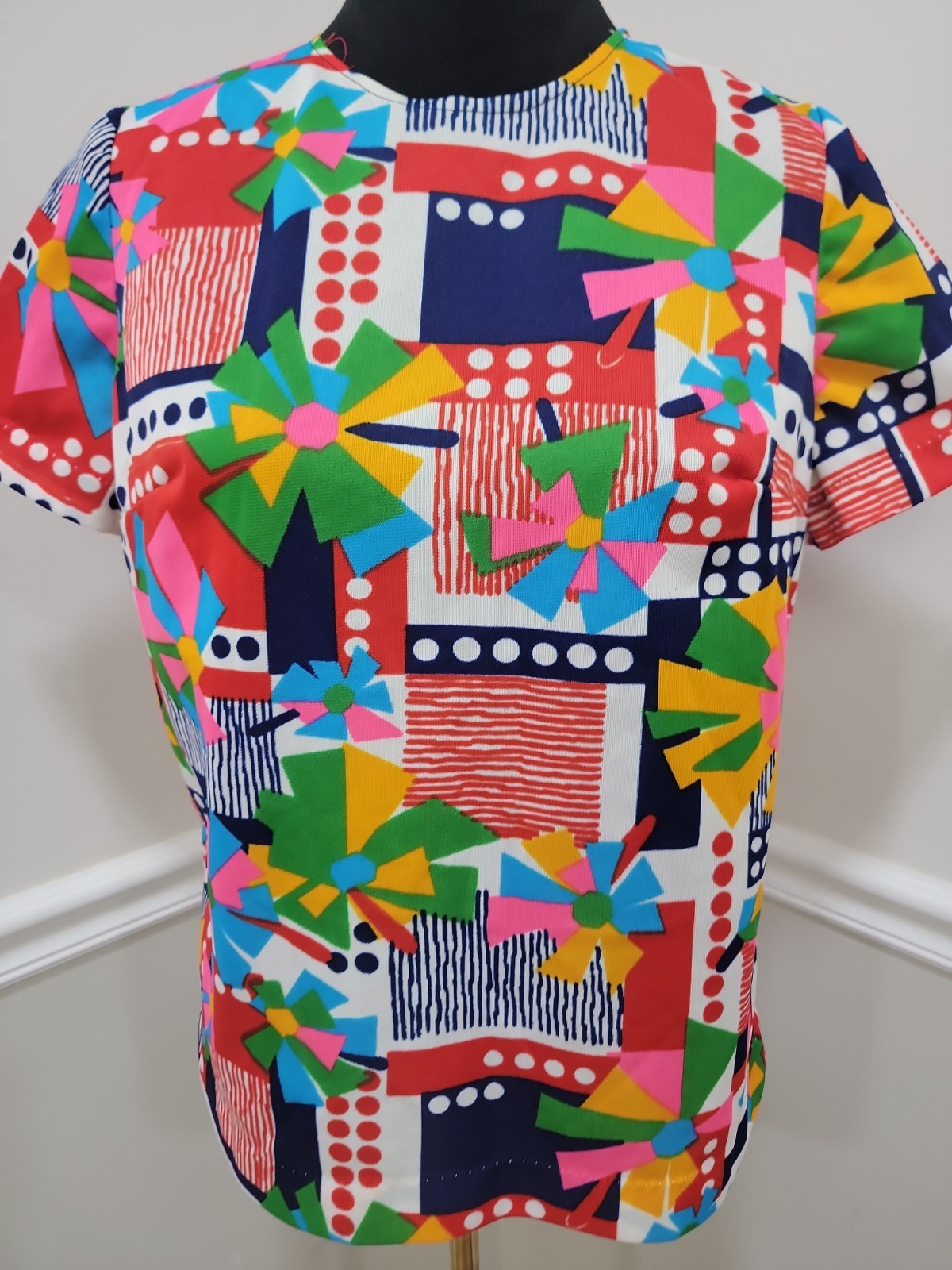 Vintage 60s 70s Mod Psychedelic Print Blouse Button Up Shirt L