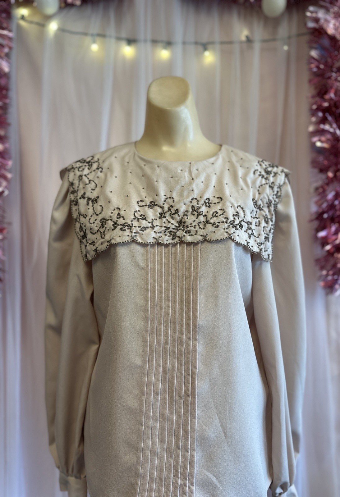 Vintage 80s Beaded Top Blouse Oversized Collar Prairie Edwardian Oversized S/M