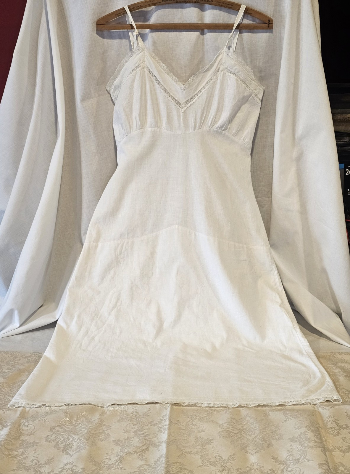Vintage 50s Western Maid Cotton Full Slip White Lace Trim Peak Waist Lined