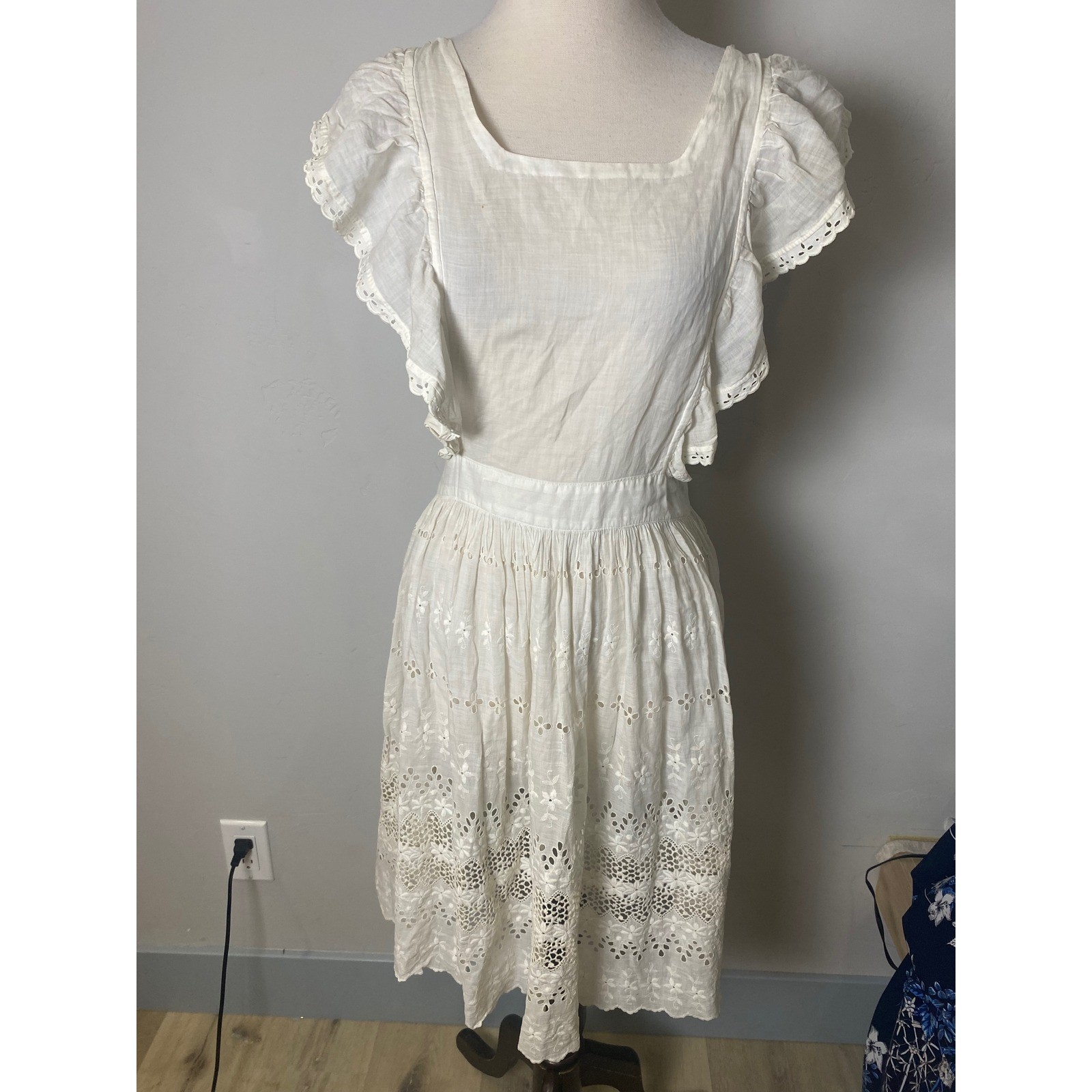 Vintage 1900&rsquo;s Edwardian White Cotton Eyelet Pinafore Dress Prairie Boho S