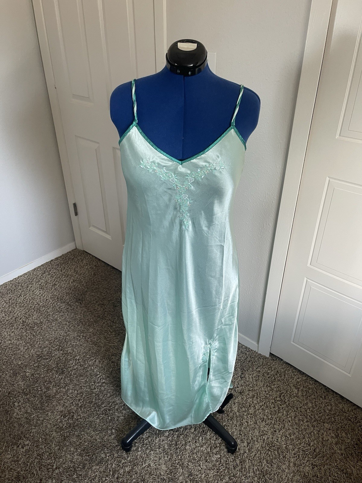Y2K/2000s Enchanting Medium Mint Green Embroidered Floral Slip Dress/Lingerie