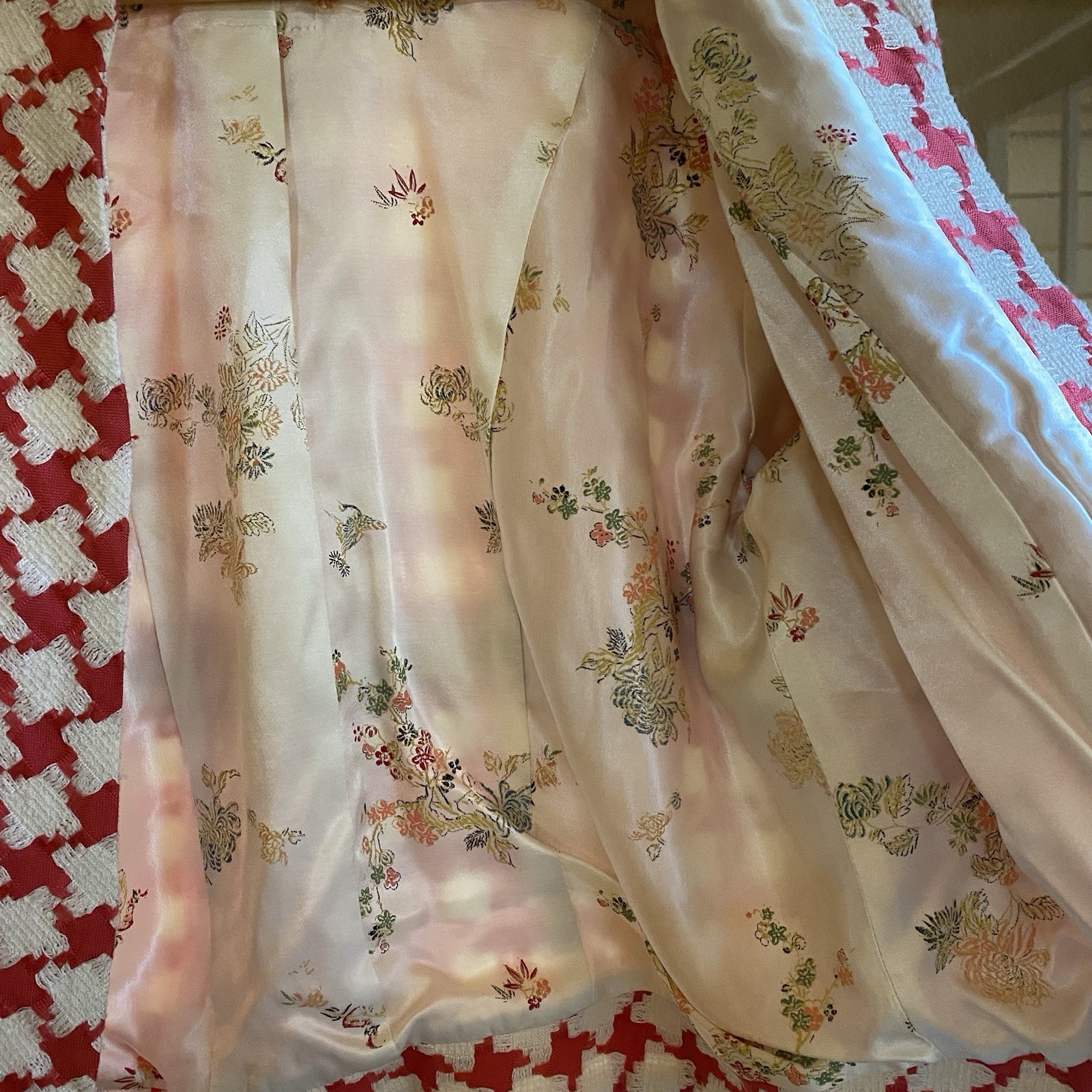 Vintage Handmade Pink Plaid Short Jacket With White Floral Satin Lining