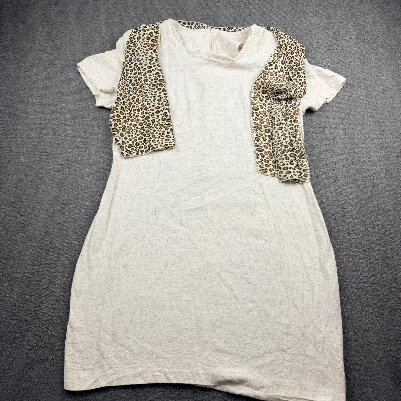 Ms Basia California Vintage Cream Shift Dress Leopard Print Scarf Accent Size 16