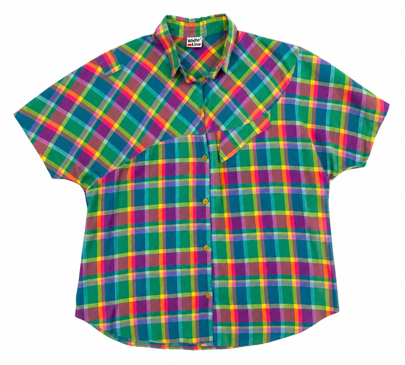 Vintage 80s Rainbow Plaid Button Down Camp Shirt Retro Dopamine Quirky Top