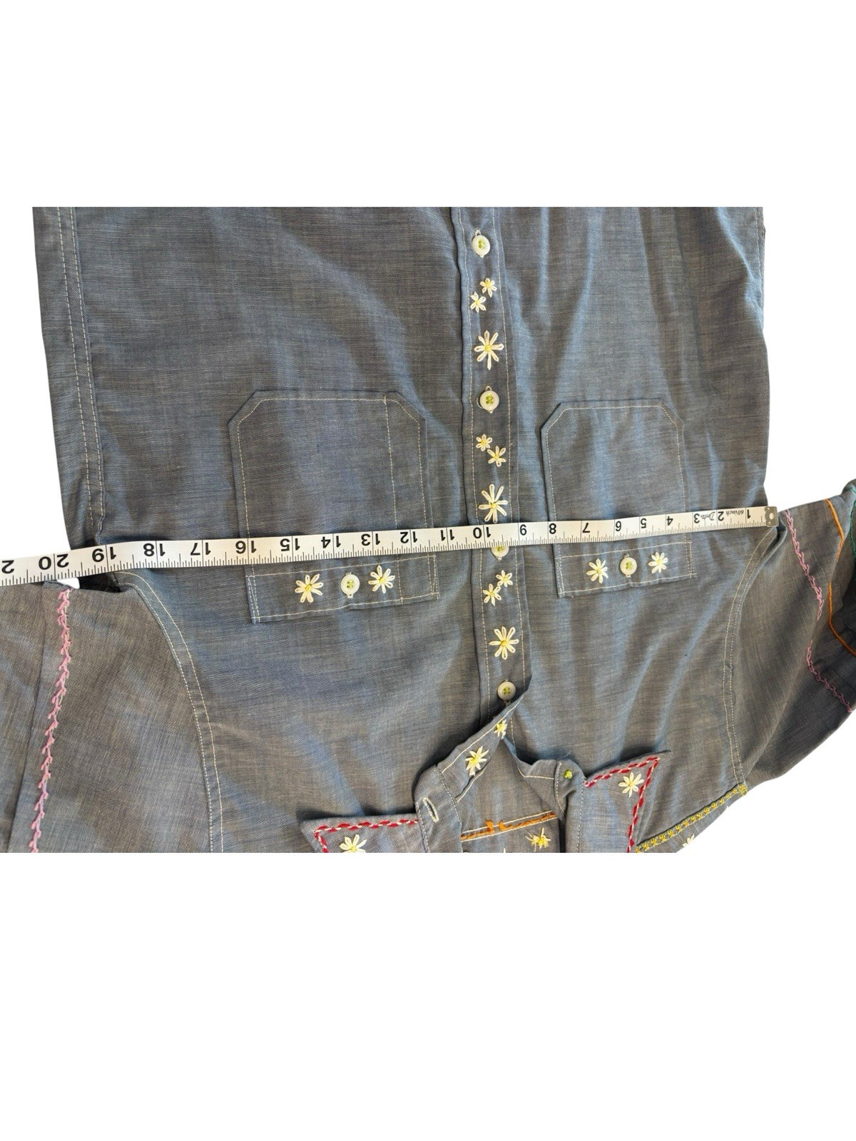 Washington Dee Cee Vintage Chambray Shirt Embroidered Floral USA M