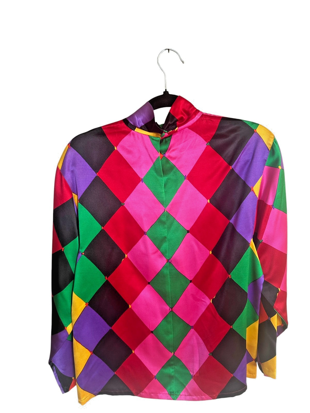 Vintage 90s Emanuel Ungaro Harlequin Silk Top Bright Diamond Print Rare