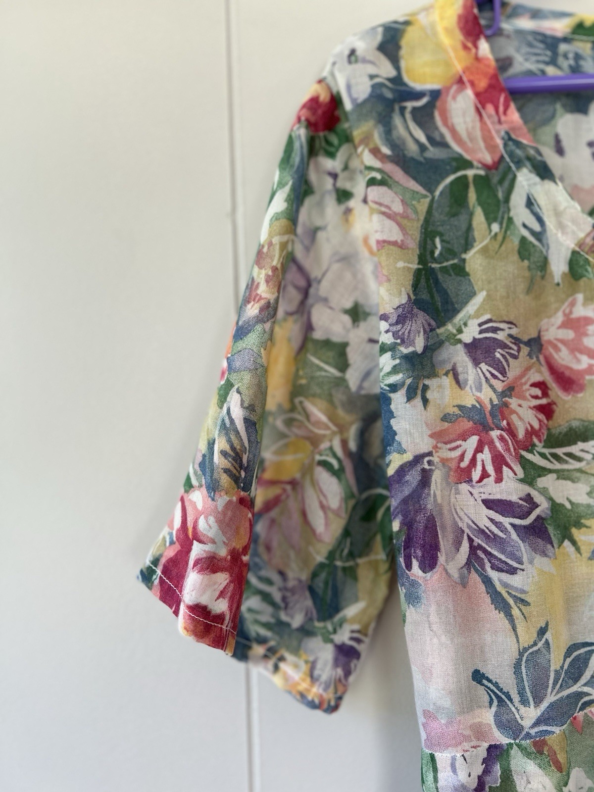 Vintage 90s Watercolor Floral Maxi Dress Sheer Chiffon Kimono Sleeve Boho M L