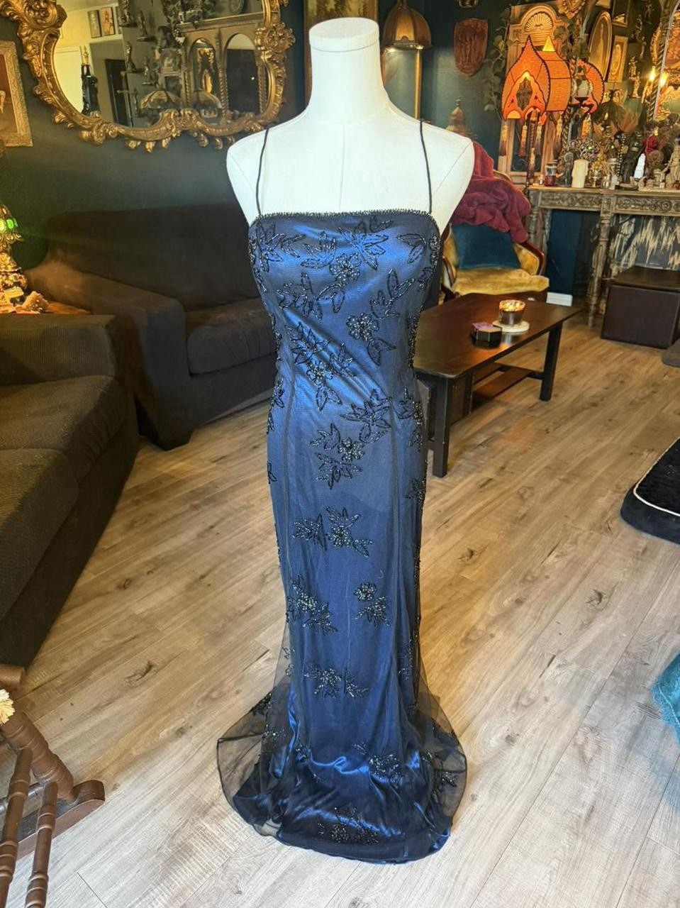 Vintage Black Beaded Mesh Overlay Evening Gown | Metallic Blue | Y2K Formal