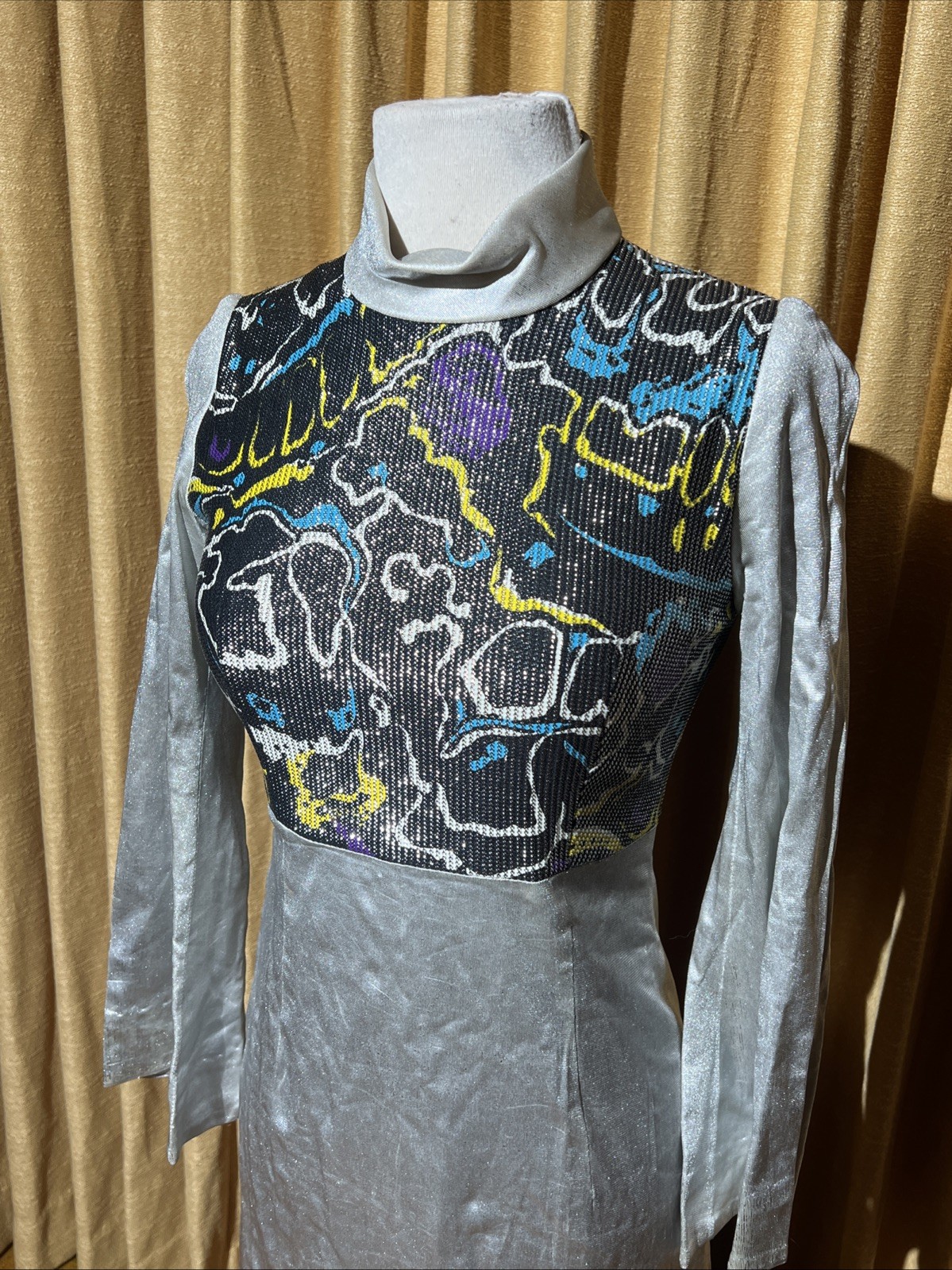 Vtg 1960s Liquid Silver Psychedelic Space Age Disco Maxi Dress With Bell Sleeves