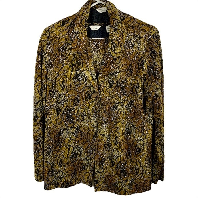 Vintage Laura Ashley Jacket & Tank Set Floral Beaded Sz L Petite Olive Green