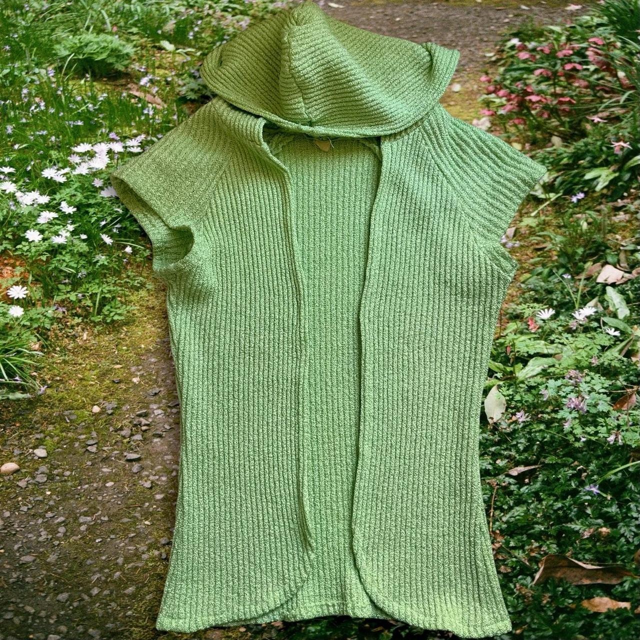 True Vintage 60s Green Ribbed Knit Cap Sleeve Hoodie Top Size XS