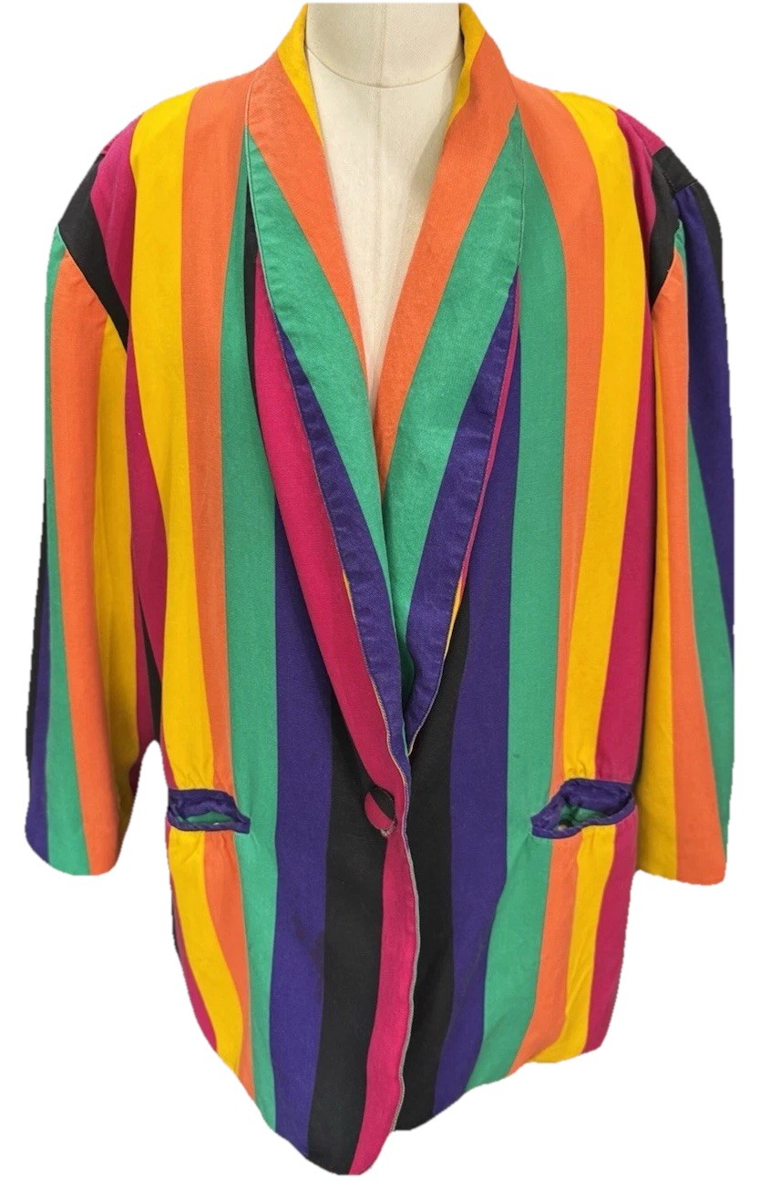 Vintage 80s Alex Tala Striped Rainbow Colourway Blazer Coat Size XL