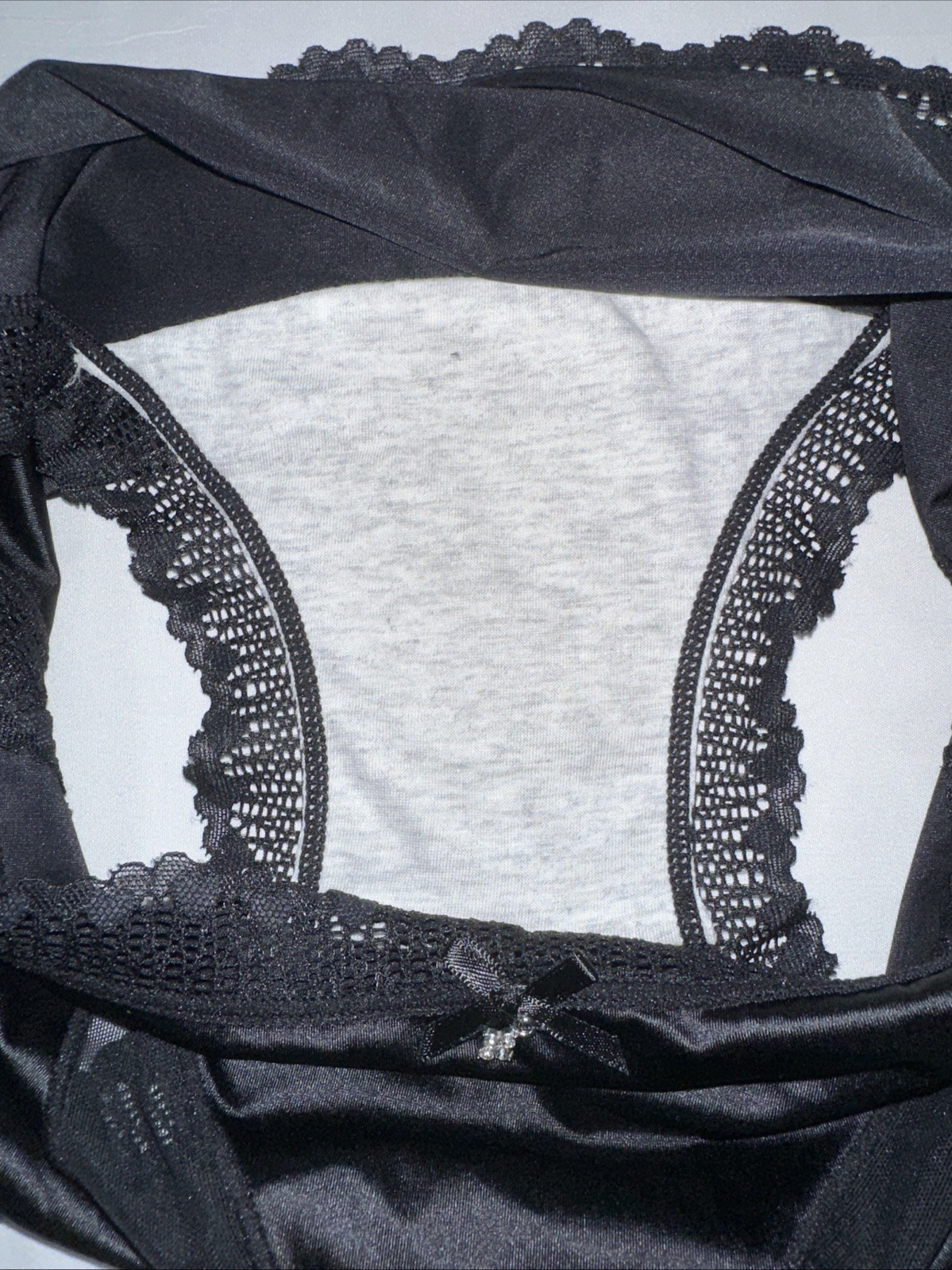 ~Shiny Large Black With Gem Nylon Lace Blended Panties W/Bow Cotton Gusset New