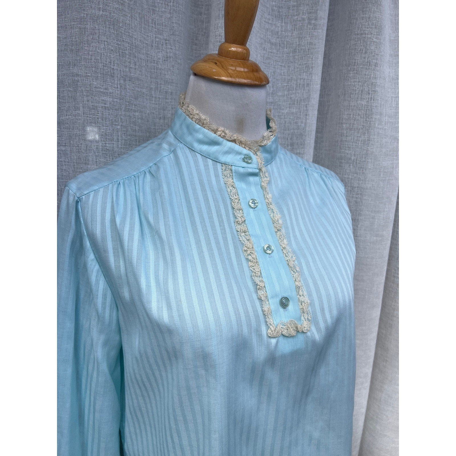 Victorian style blue striped long sleeve blouse lace accents made by Judy Bond