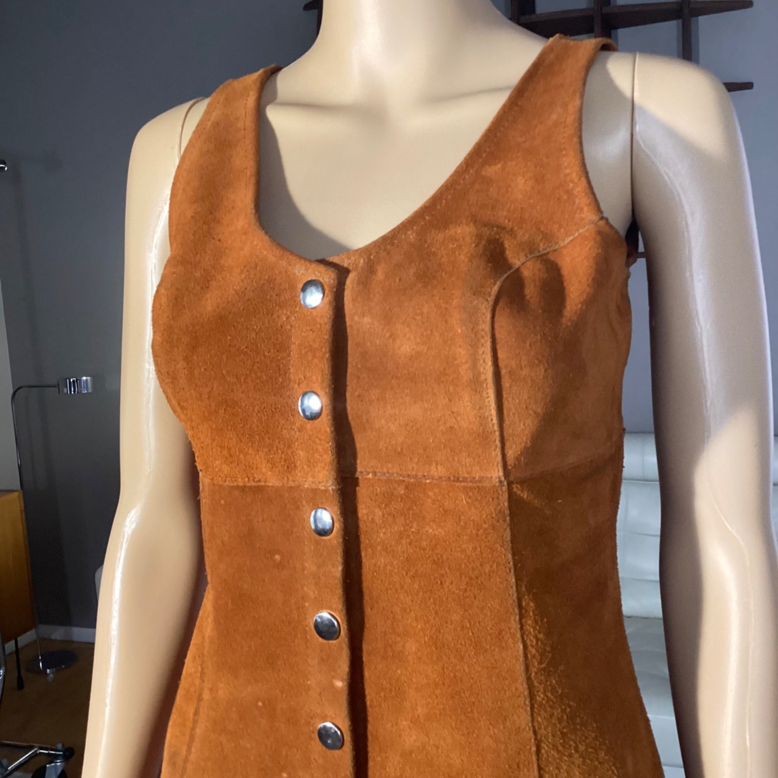 Vintage 1970&rsquo;s Brown Suede Leather Mini Dress Hippie Woodstock XS/S