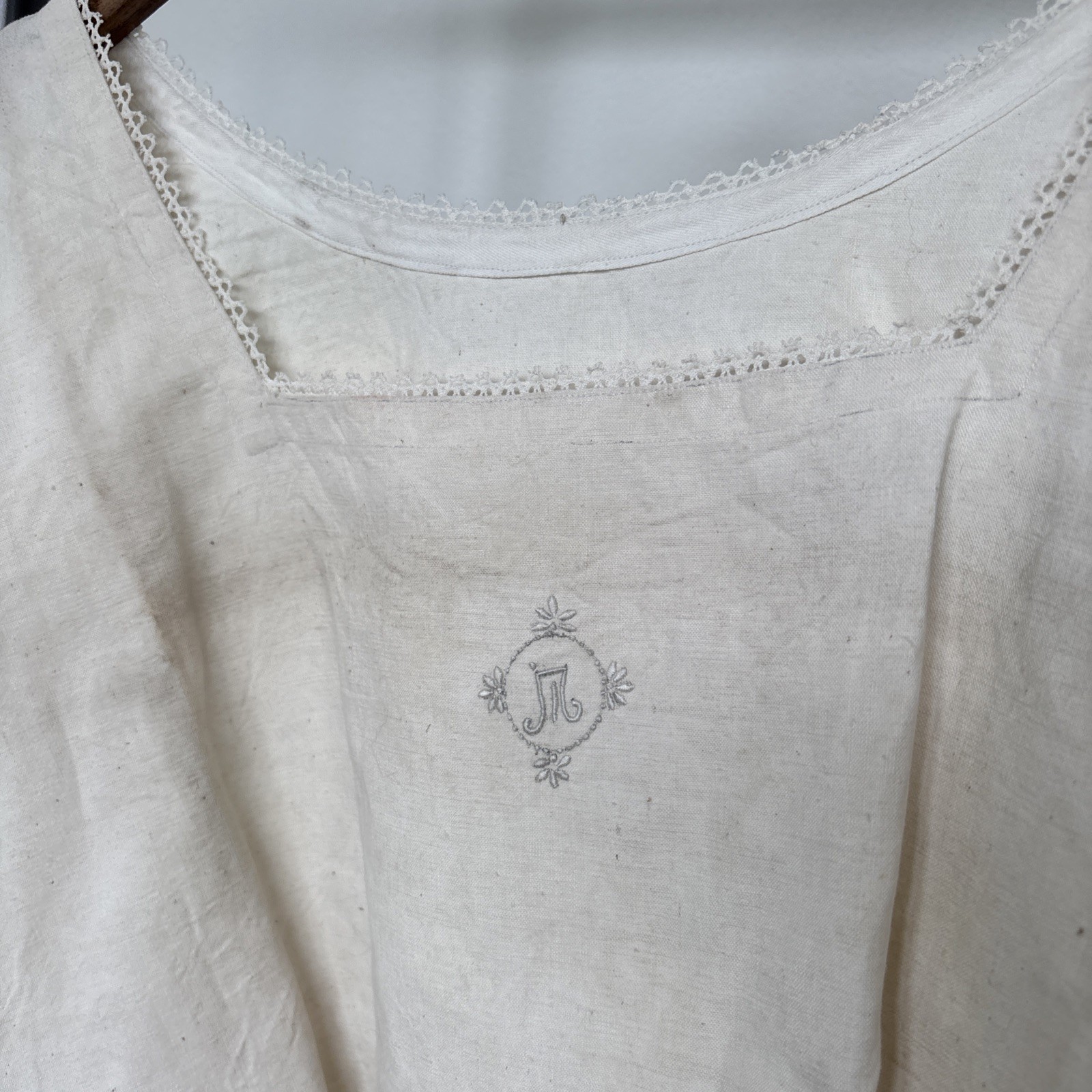 Edwardian Monogram Linen Blouse | Antique French Chemise Top, Early 1900s
