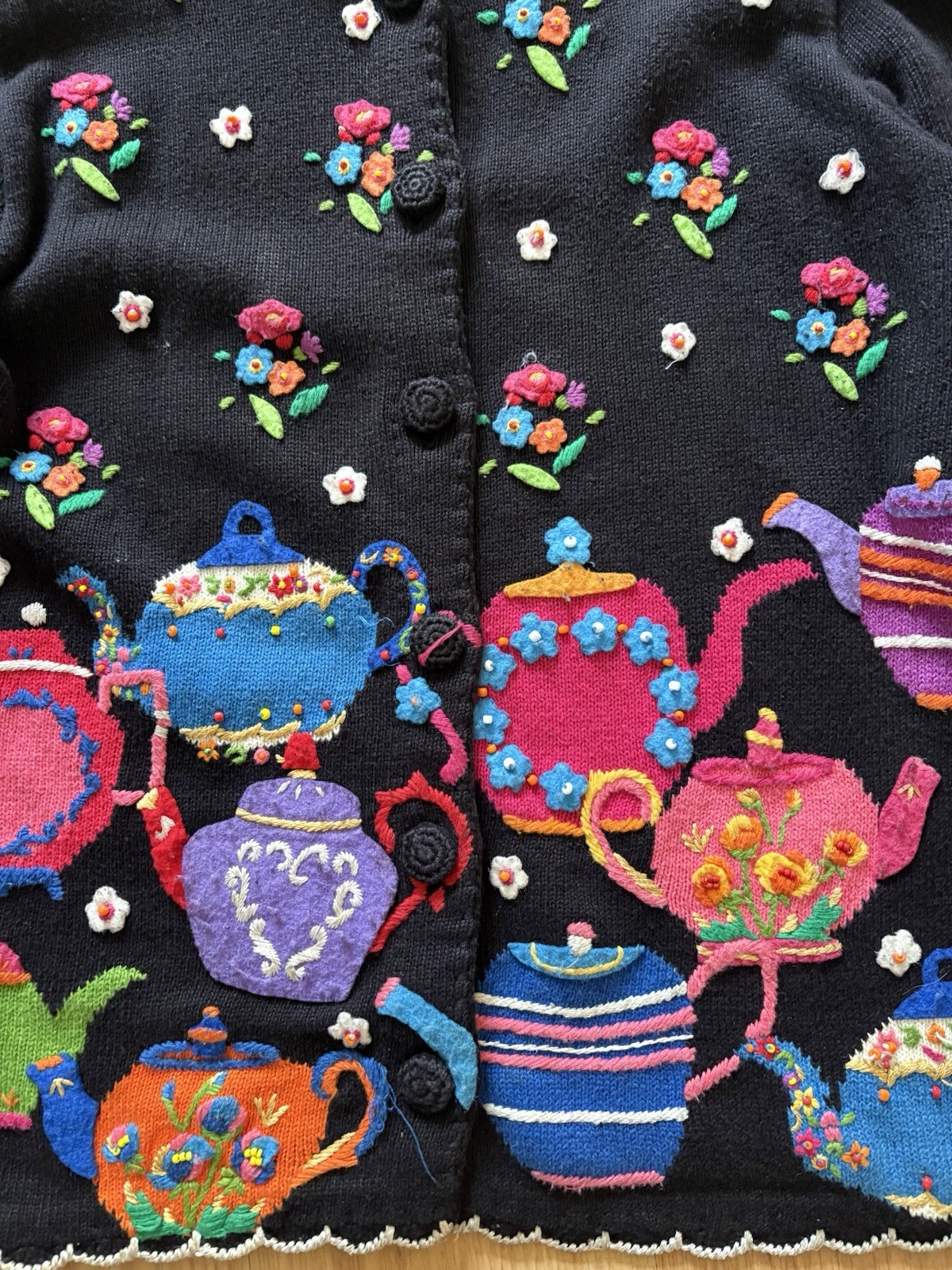 Vintage Michael Simon Tea Party novelty art to wear embroidered cardigan sz M