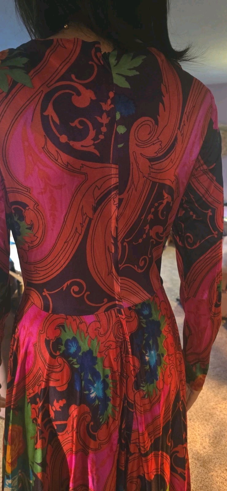Vintage 70s Floral Psychedelic Maxi Dress Long Sleeve Boho Hippie Gown