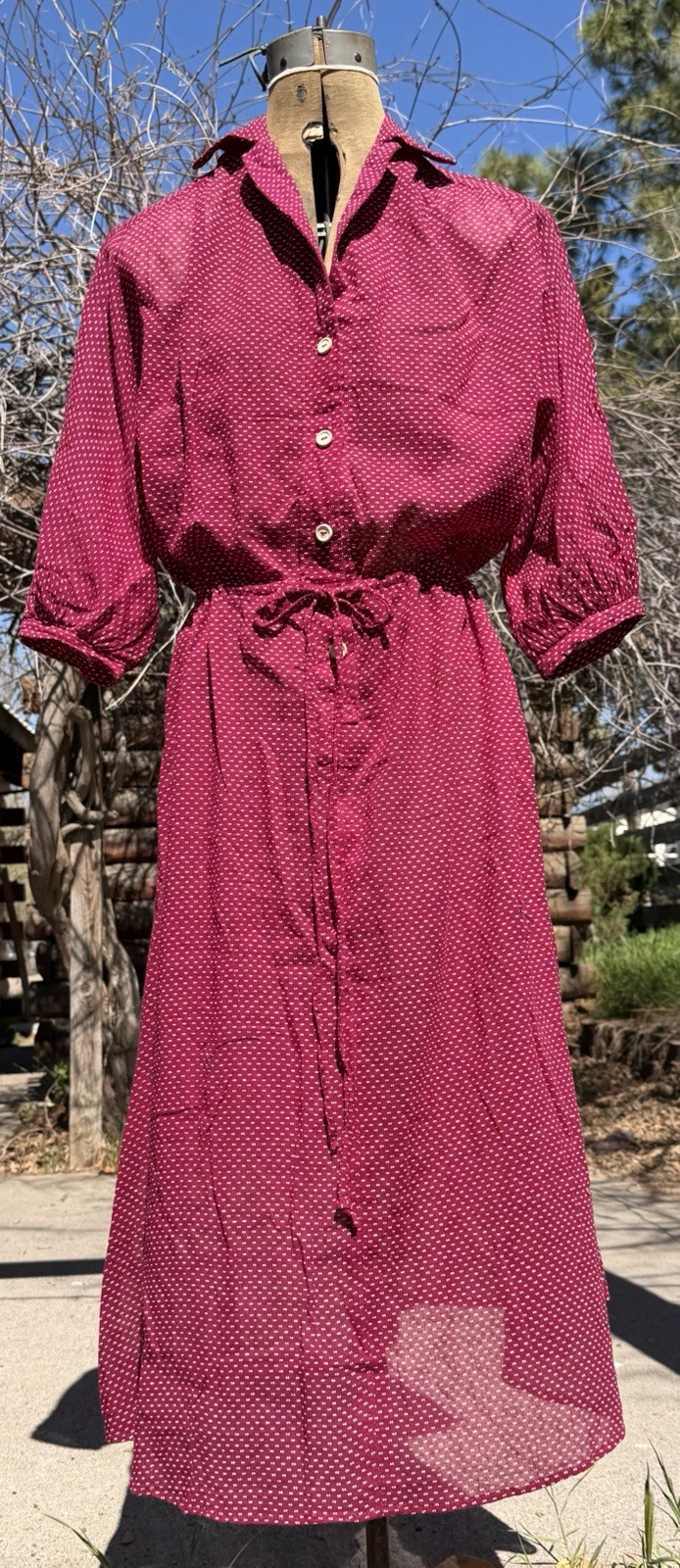Vtg 70&rsquo;s Shirt-Dress Size 14 Light Loose Fit Cotton Dotted Swiss Voile Batiste