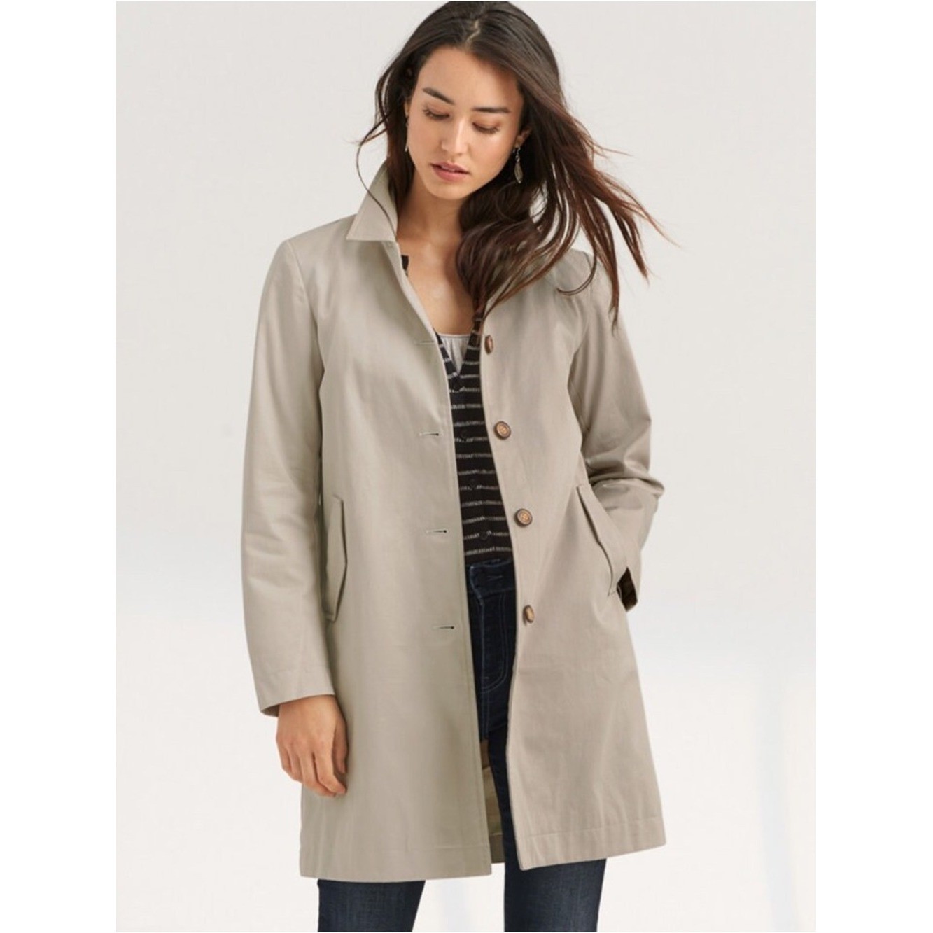 Garnet Hill Modern Pleated Trench Coat Size 12 Cream Chore Organic Cotton