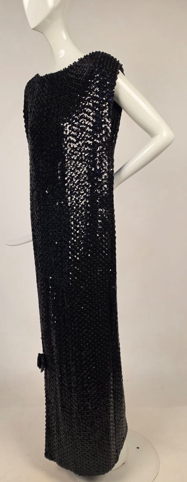 VINTAGE 1970’S LIQUID BLACK SEQUIN COLUMN GOWN DRESS W SAKS FIFTH AVE LABEL