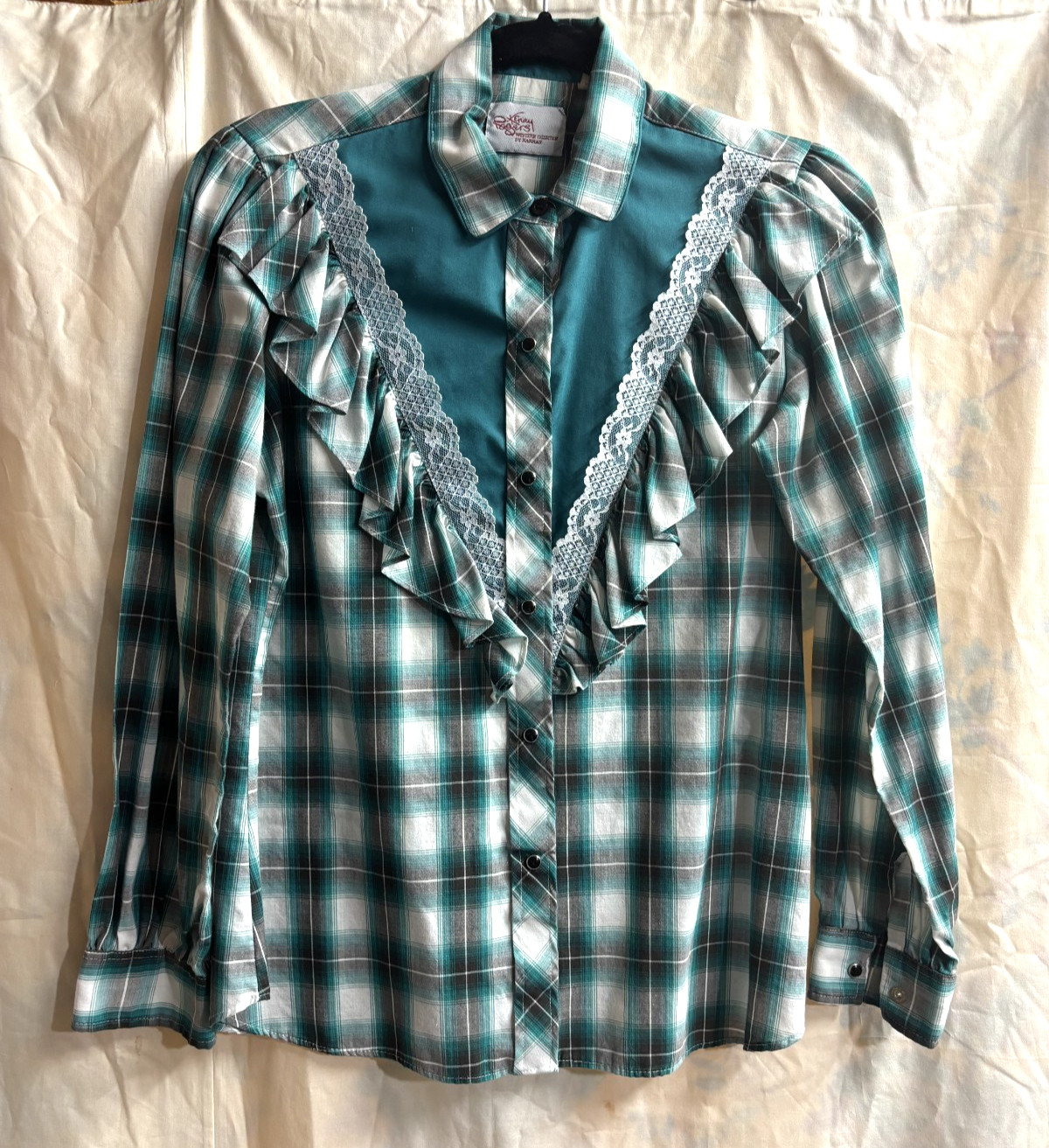 Vintage Women&rsquo;s Kenny Rogers Green Plaid Ruffled Western Snap Button Shirt