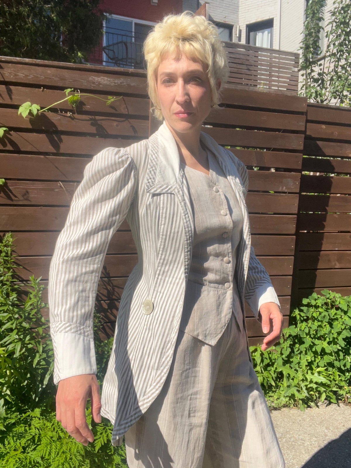 VICTORIAN PINSTRIPED LINEN Antique Walking Suit Jacket with Mutton Sleeves