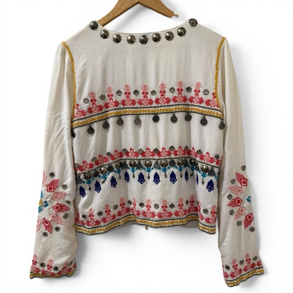 Nina Kaufmann Handmade Embroidered Coin Jacket L Western Festival Ecru NKG2134