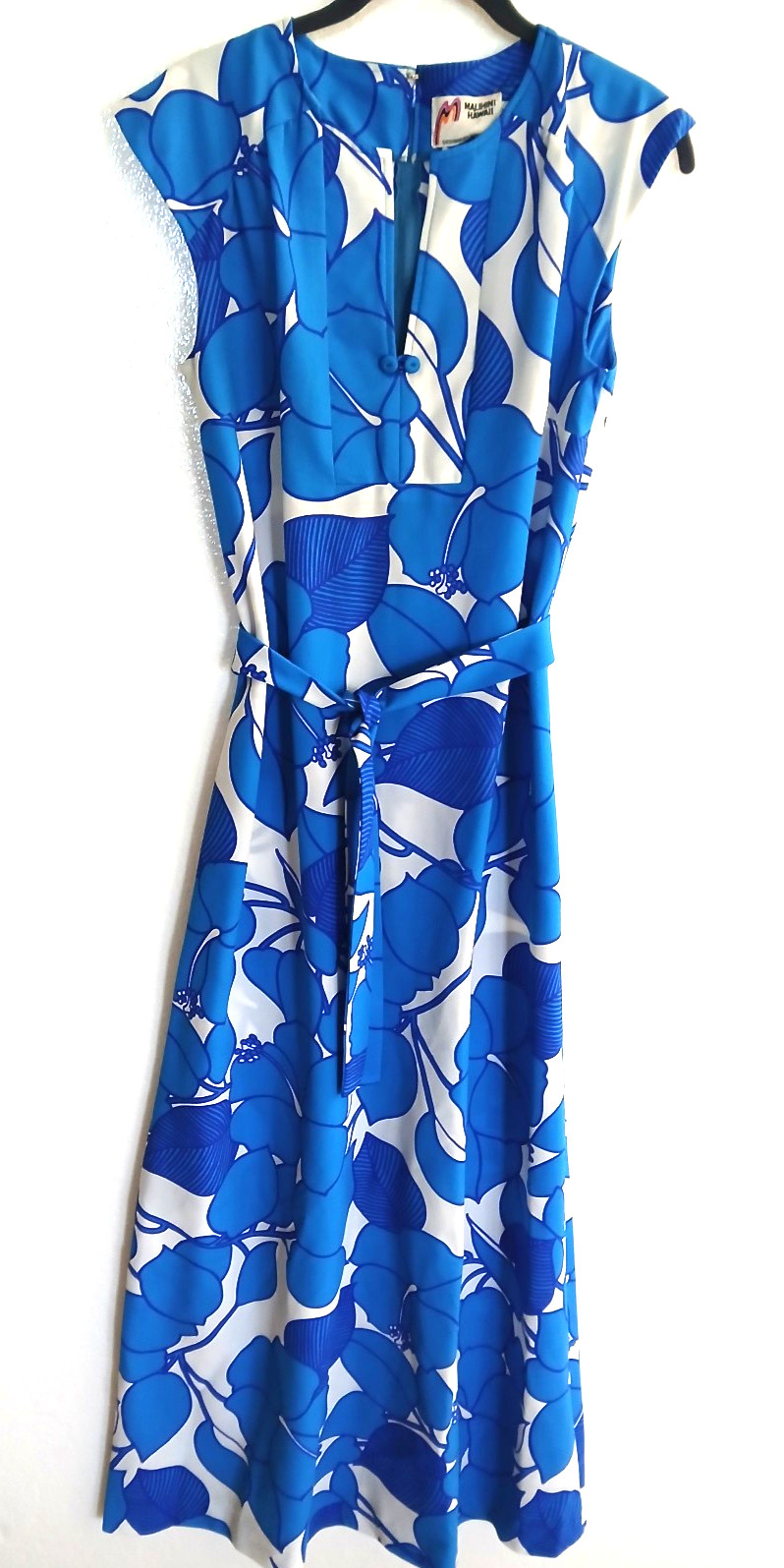 Vtg Malihini Hawaiian Desigers Maxi Dress Cap Sleeve Blue/White Floral Size 12