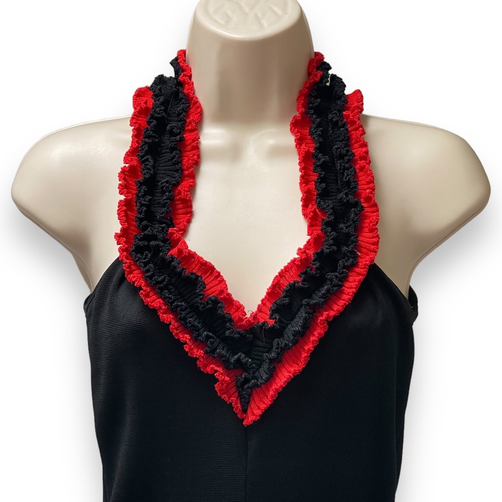 Vintage 70s Black & Red Ruffle Backless Knit Bellbottom Jumpsuit Studio 54 Disco