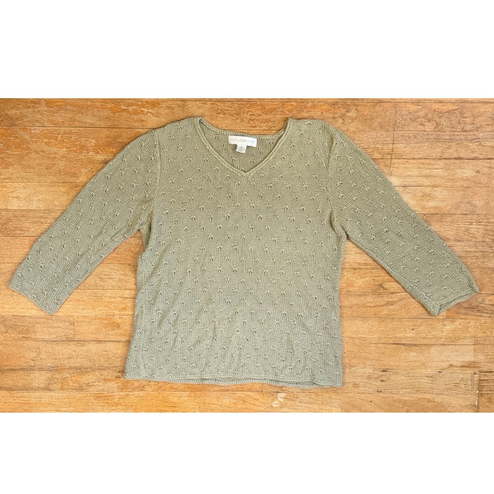Vintage Knit Linen Cotton Beaded Eyelet Sweater Top Size Medium Olive Green 90s