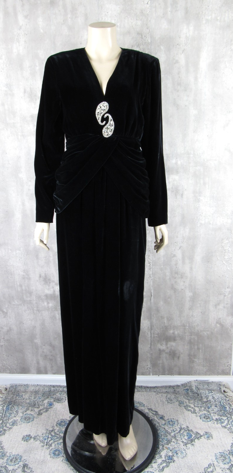 Vintage 80s does 40s Black Velvet Draped Gown Dress Rhinestones Dramatic Med M