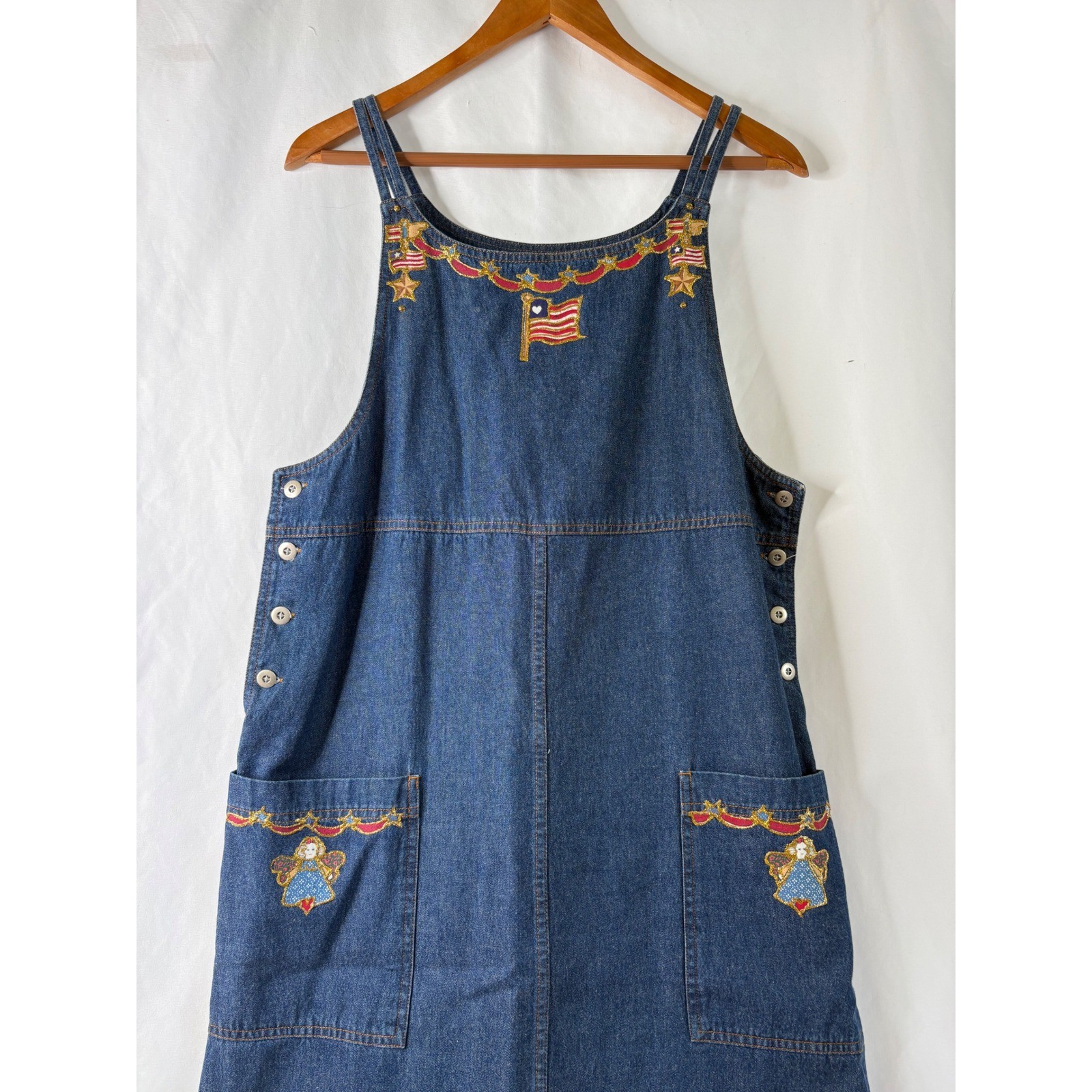 Vtg Basic Editions M Denim Jean Maxi Dress Blue Embroidered Flag Angel Patriotic