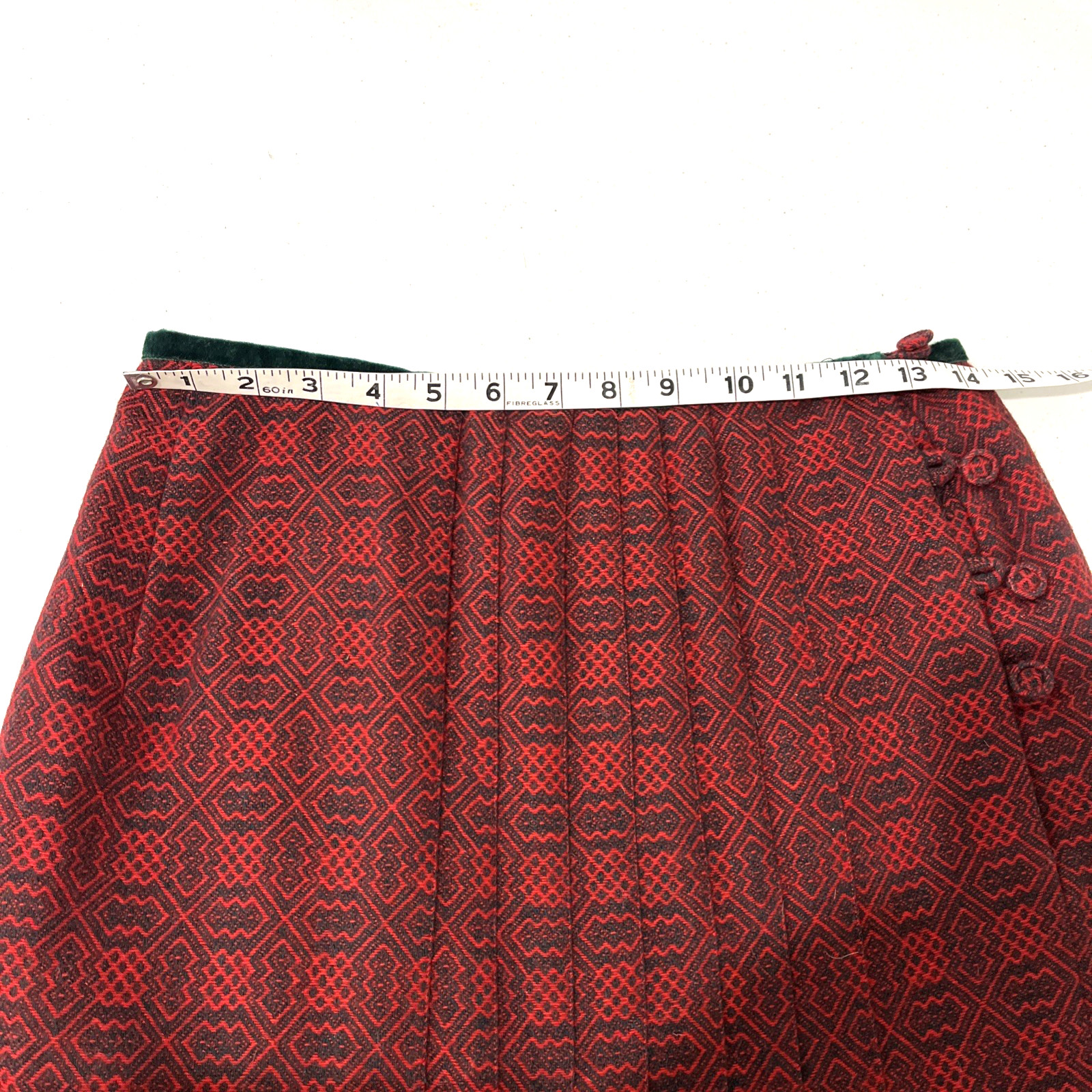 Vintage Cullinane Holiday Red Green Long Wool Pleated Skirt w/Velvet Trim Sz. 12