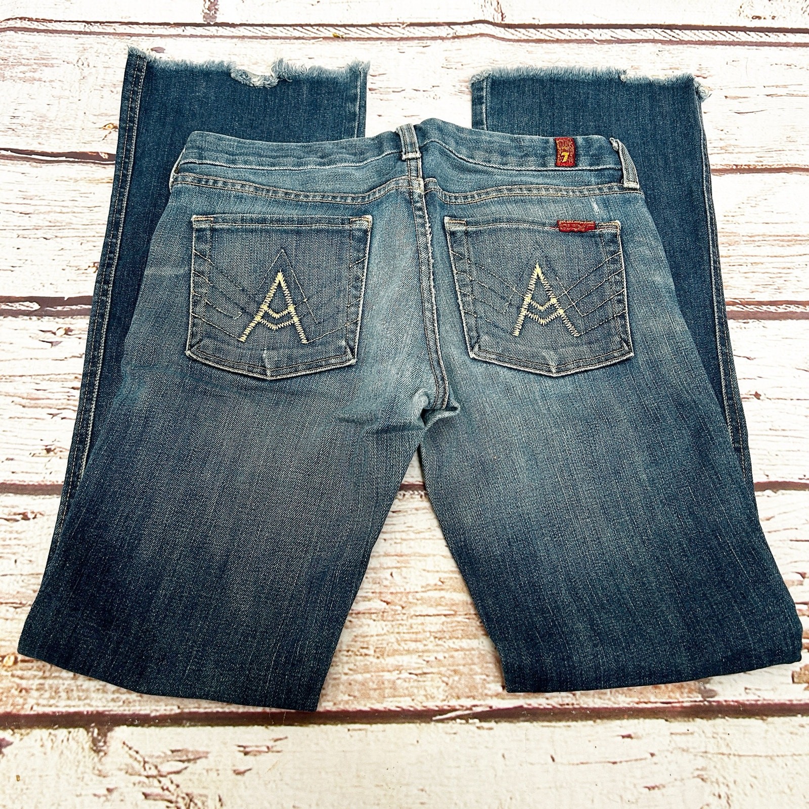 7 FOR ALL MANKIND A Pocket Bootcut Jeans Medium Wash Frayed Hem Size 28