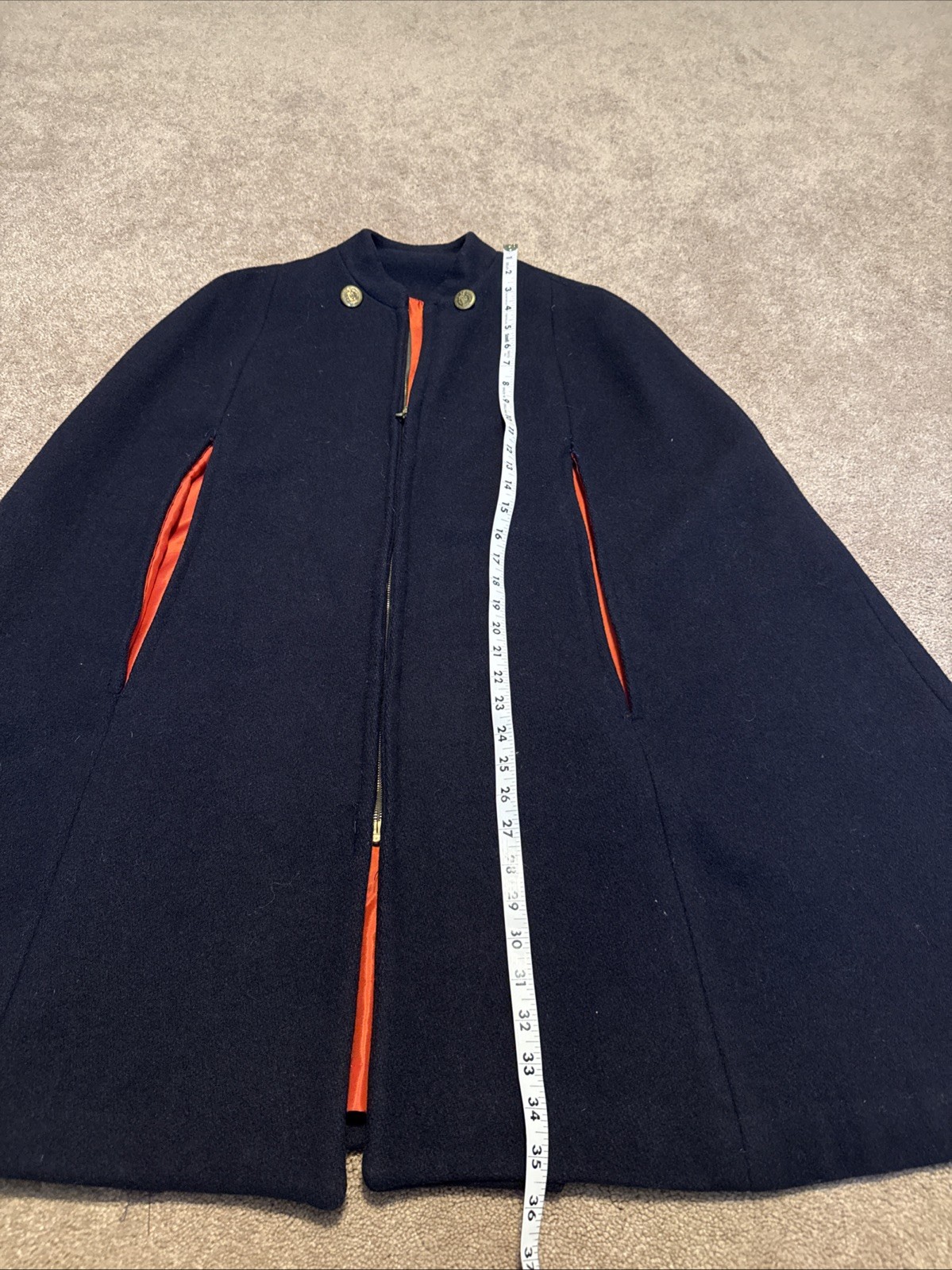 Vintage Malco Modes Blue Wool Zip Nurse Cape Cloak Red Lining Gold Buttons