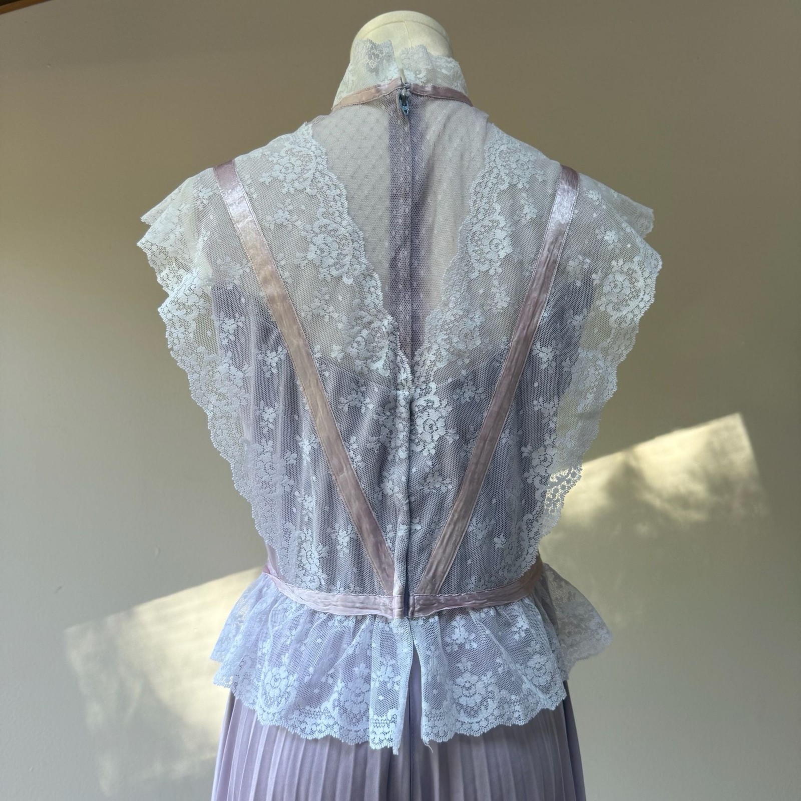Vintage 1970s Lilac Pleated Lace Maxi Dress with Ribbon Peplum and High Neck