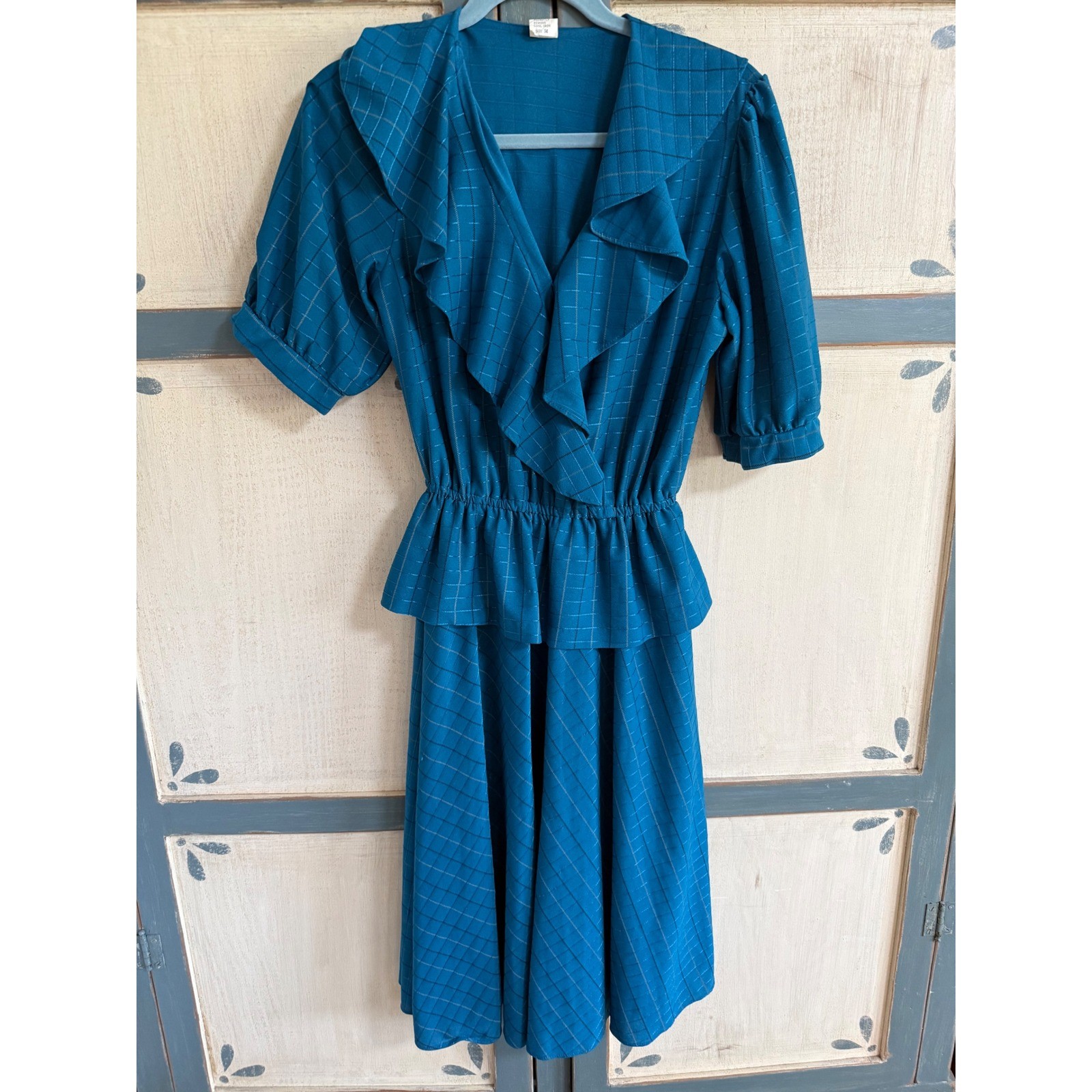 Vintage 80s Teal Blue Metallic Peplum Midi Dress Ruffle V-Neck 14 Cottagecore