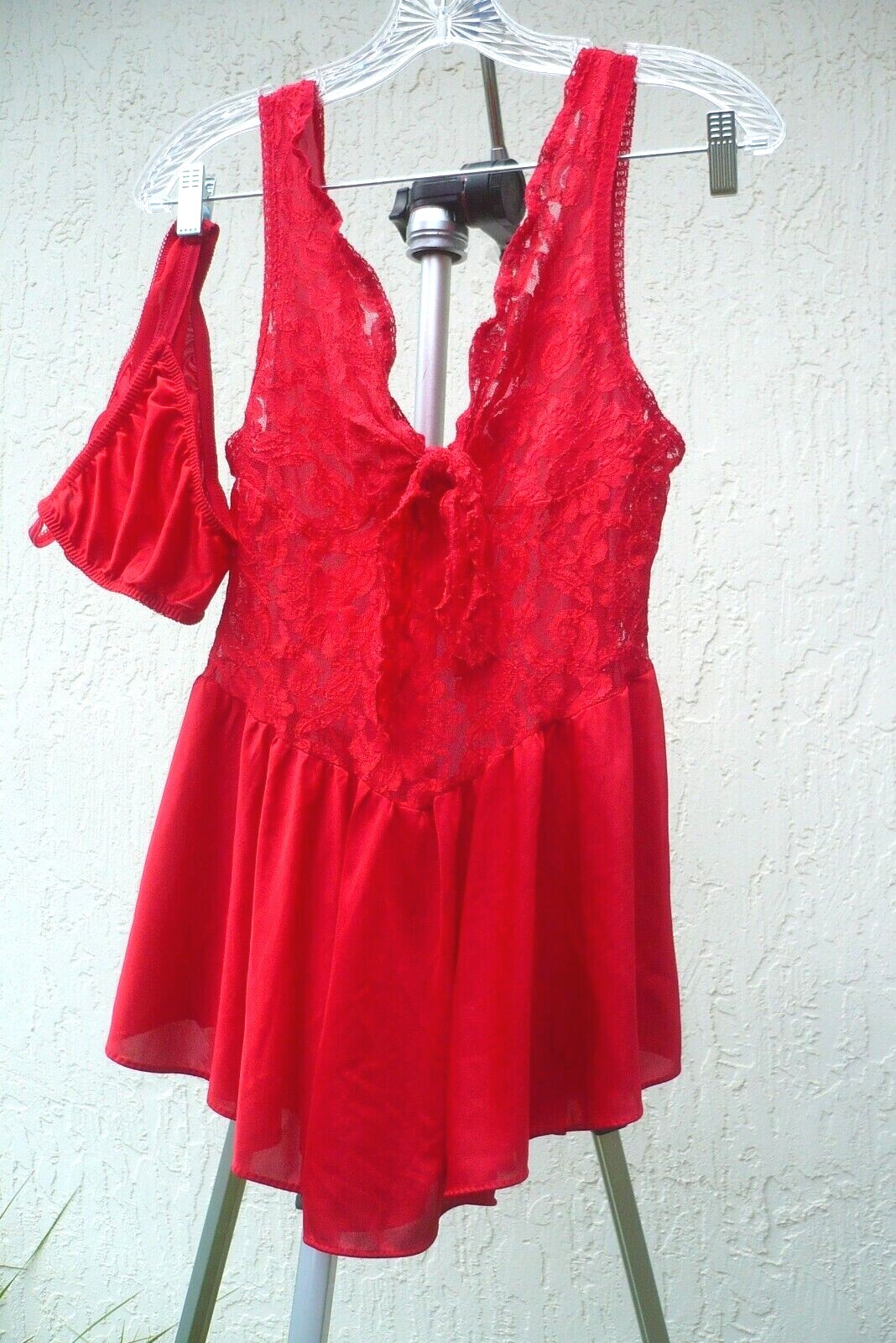 VTG US CACHET FLARE NIGHTIE NIGHTGOWN PANTIES S SET 2 PC RED MESH LACE BOW WOMEN