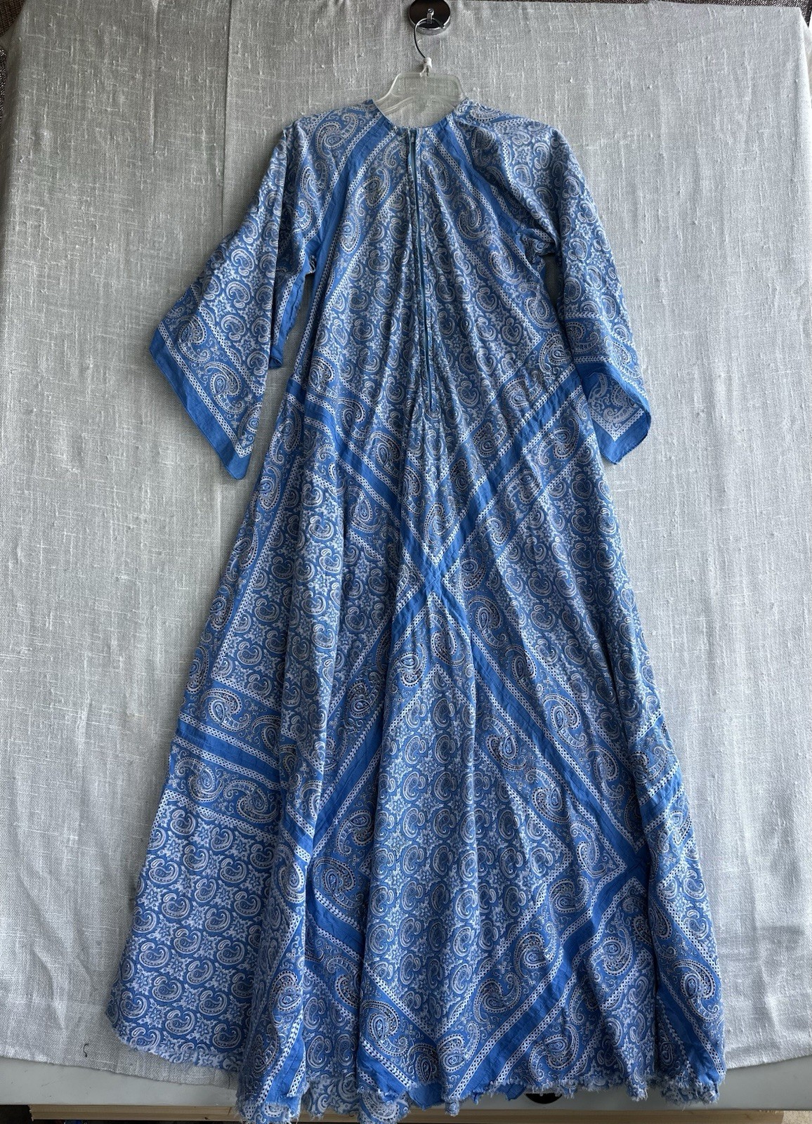 Vintage 70s Flowy Blue Paisley Bandana Boho Cotton Kaftan Maxi Dress One Size