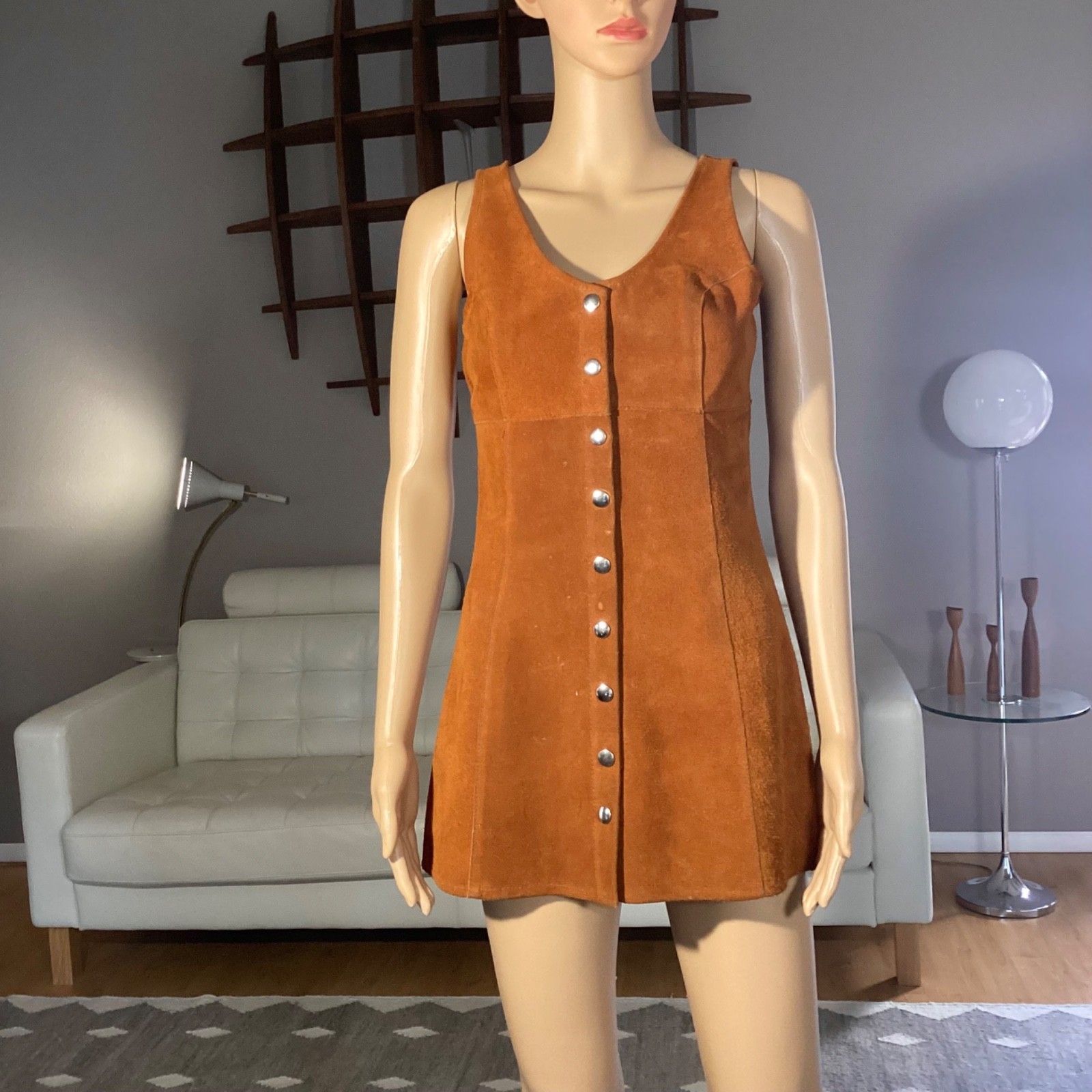 Vintage 1970&rsquo;s Brown Suede Leather Mini Dress Hippie Woodstock XS/S