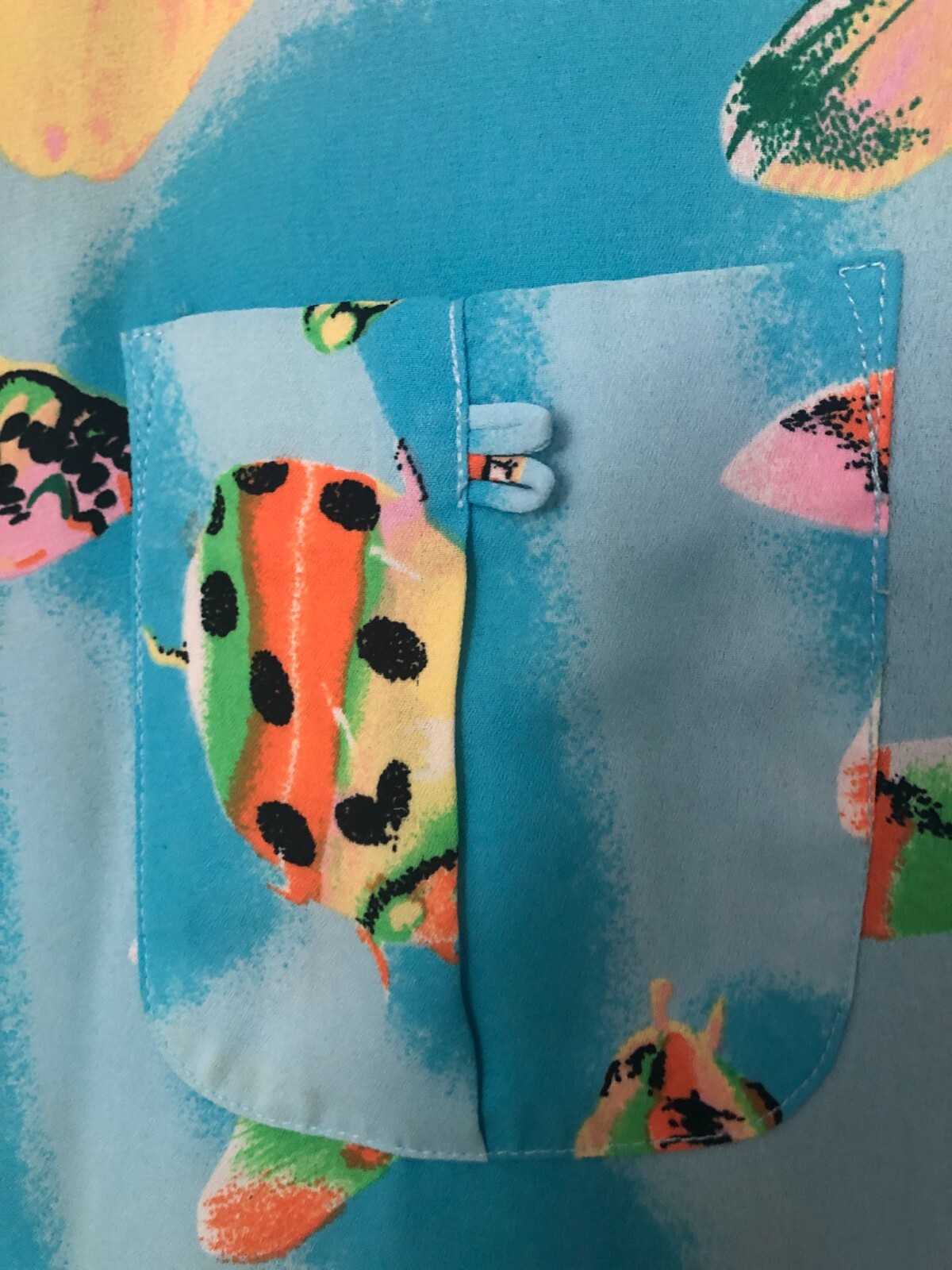 Vintage Blue Multicolor Tunic – Short sleeve, Buttons, pocket, delicate material