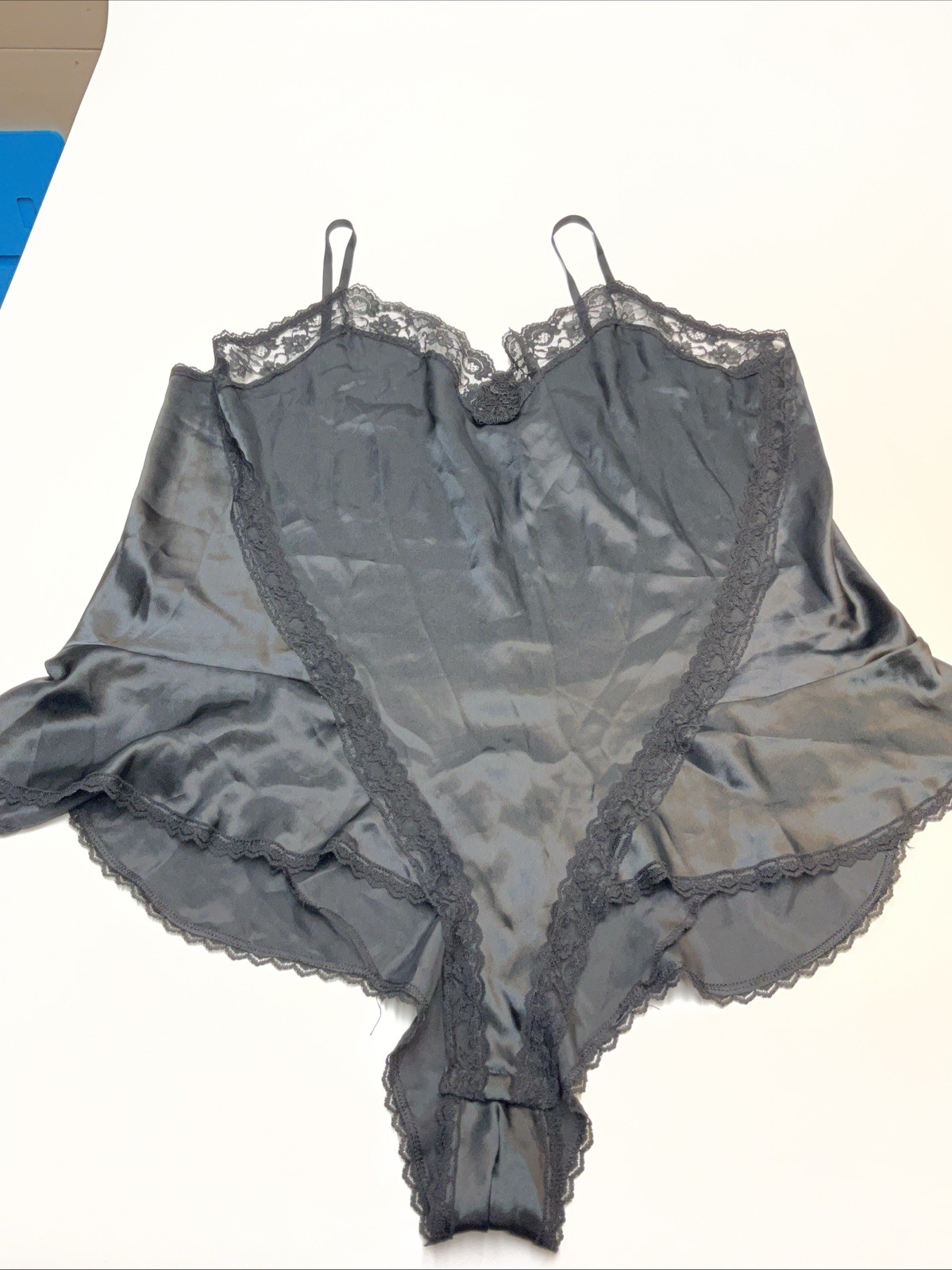 Vtg Black Lace Lingerie Teddy Bodysuit Solange Shiny Satin 26/28 Plus
