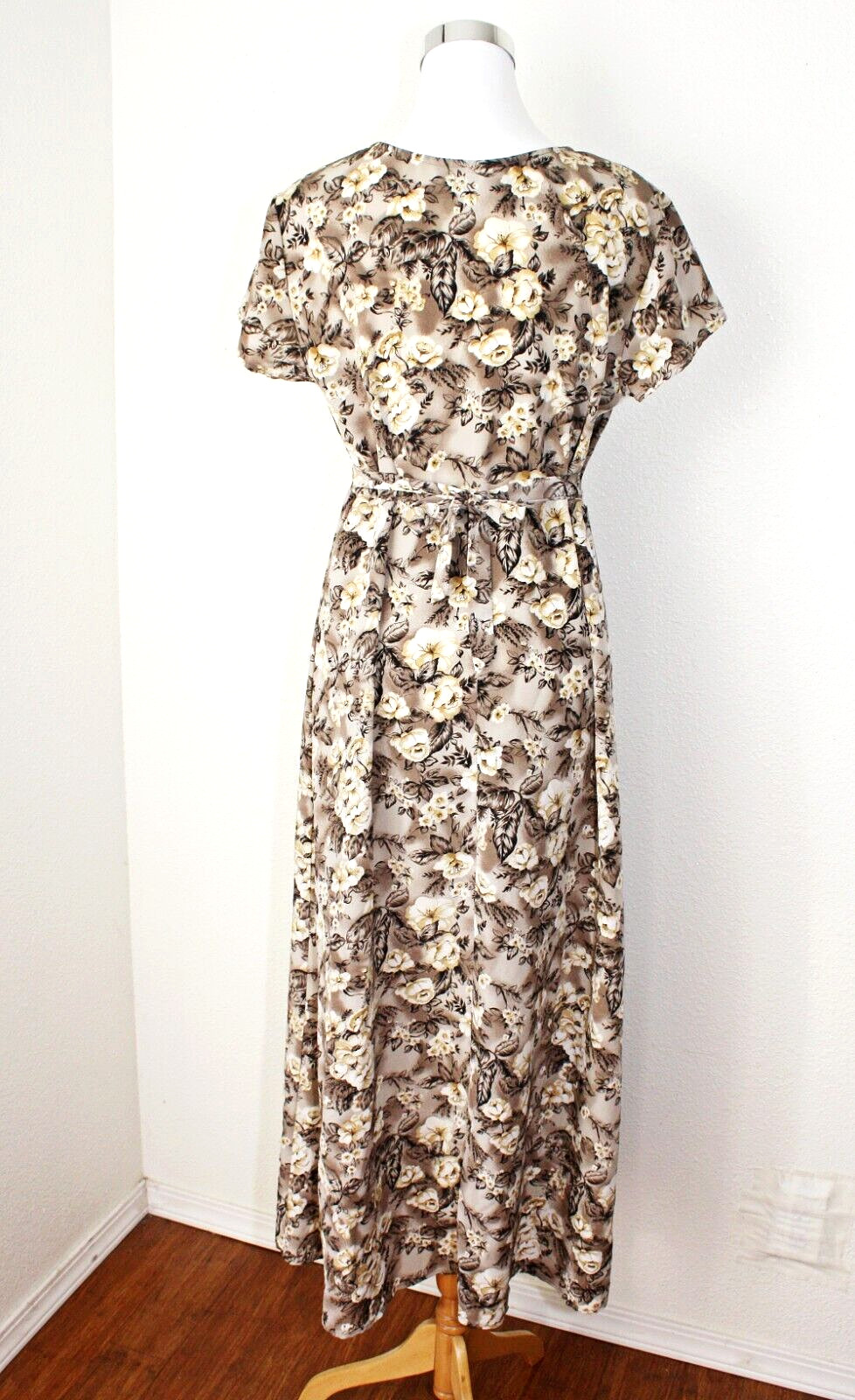 VTG ALL THAT JASS Maxi Dress Sz 13 / 14 Brown Cream Roses Short Sl. Babydoll #03