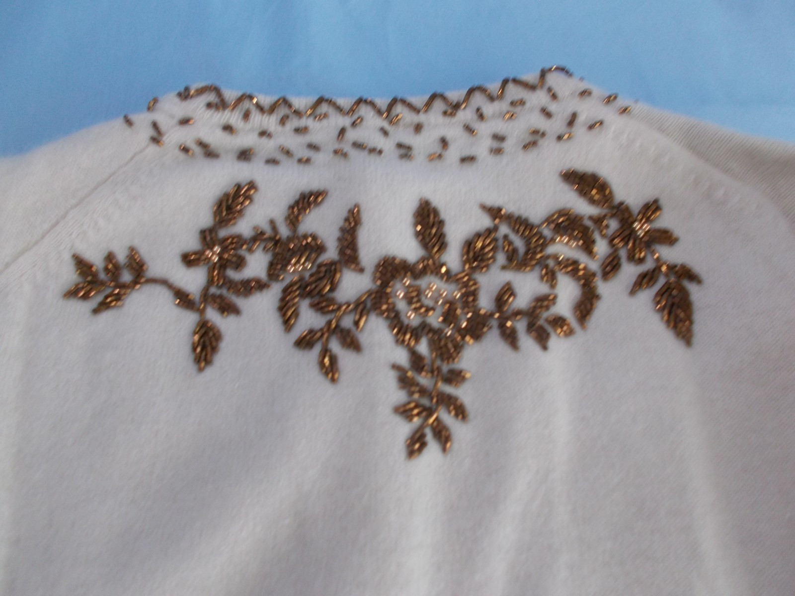 Vintage ladies BEADED WOOL CARDIGAN sweater ivory with bronze beading Sz. 38