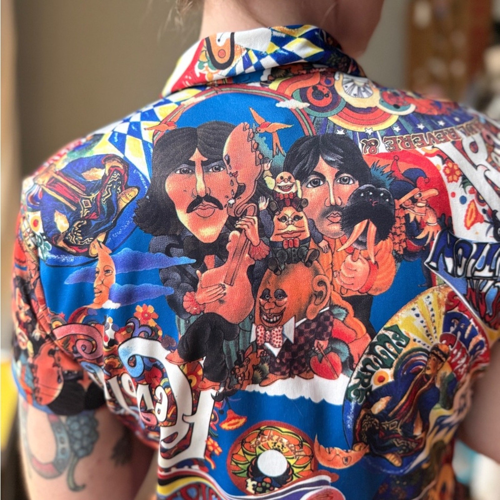Vintage 90s Psychedelic Beatles Print Shirt | Pop Art Graphic Button Up | S/M